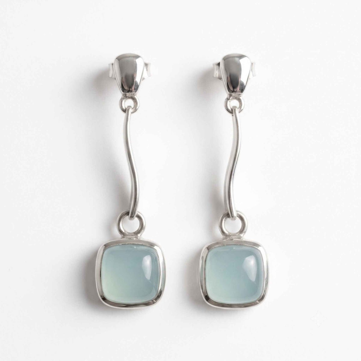 The Aqua Cascade: Wavy Silver Chalcedony Drop Earrings