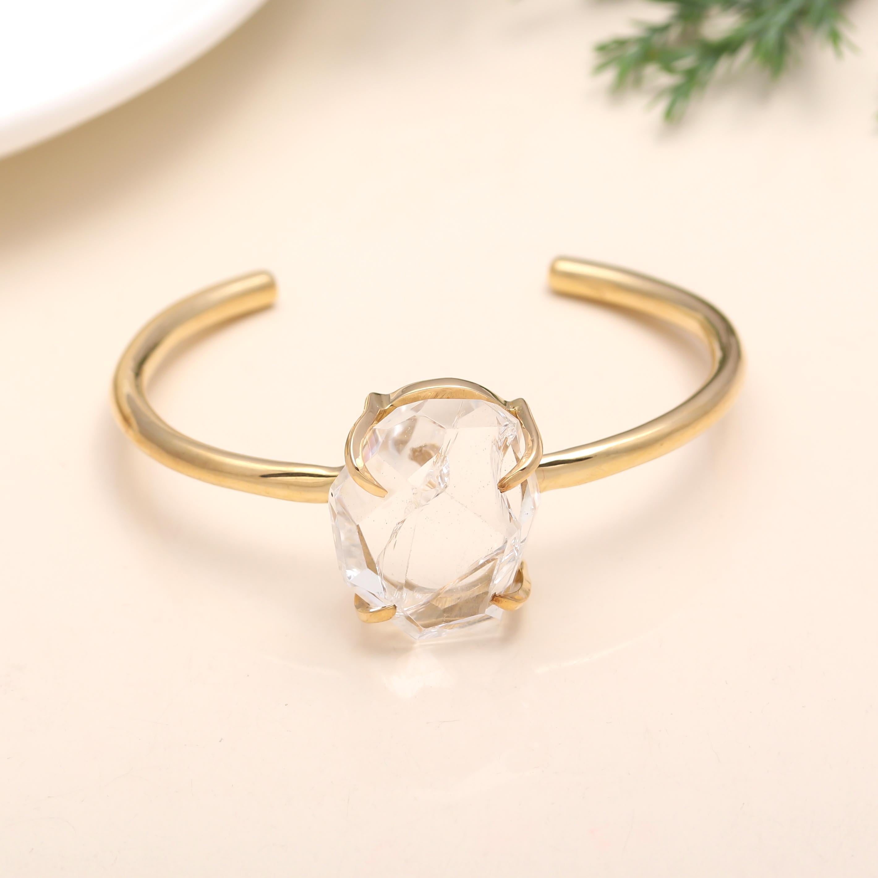 Brass Rock Crystal Quartz Adjustable Cuff Bracelet