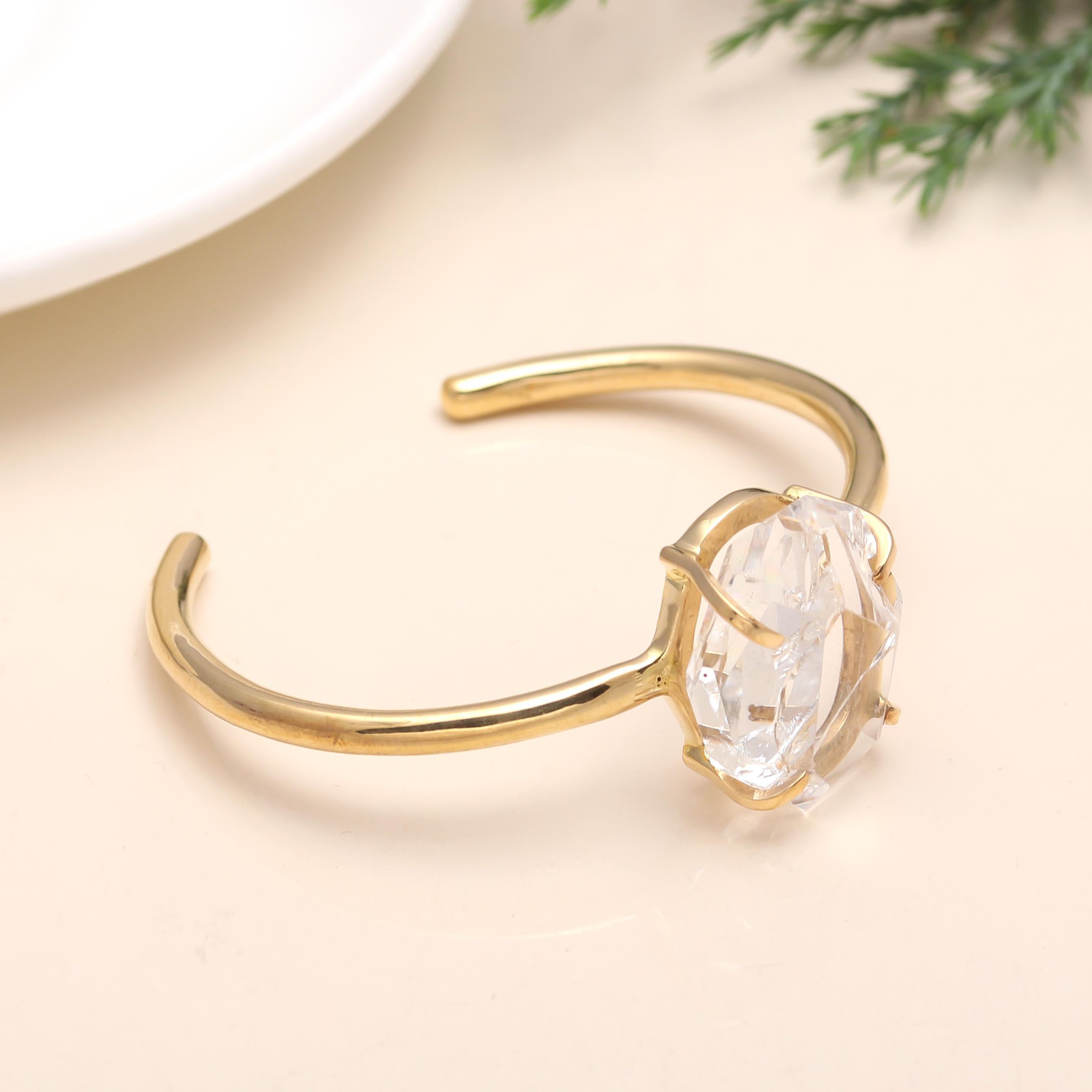 Brass Rock Crystal Quartz Adjustable Cuff Bracelet