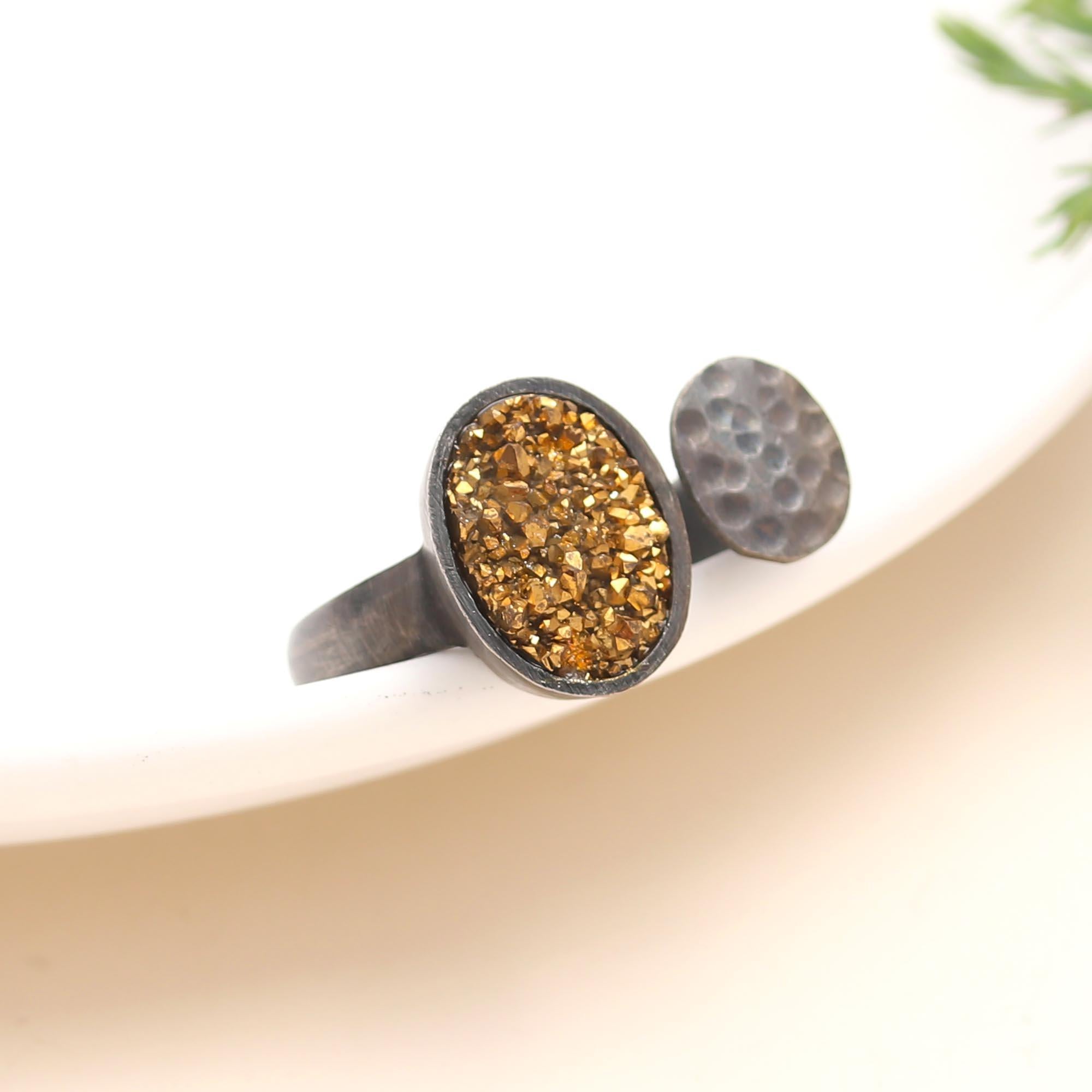 925 Silver Golden Druzy Ring