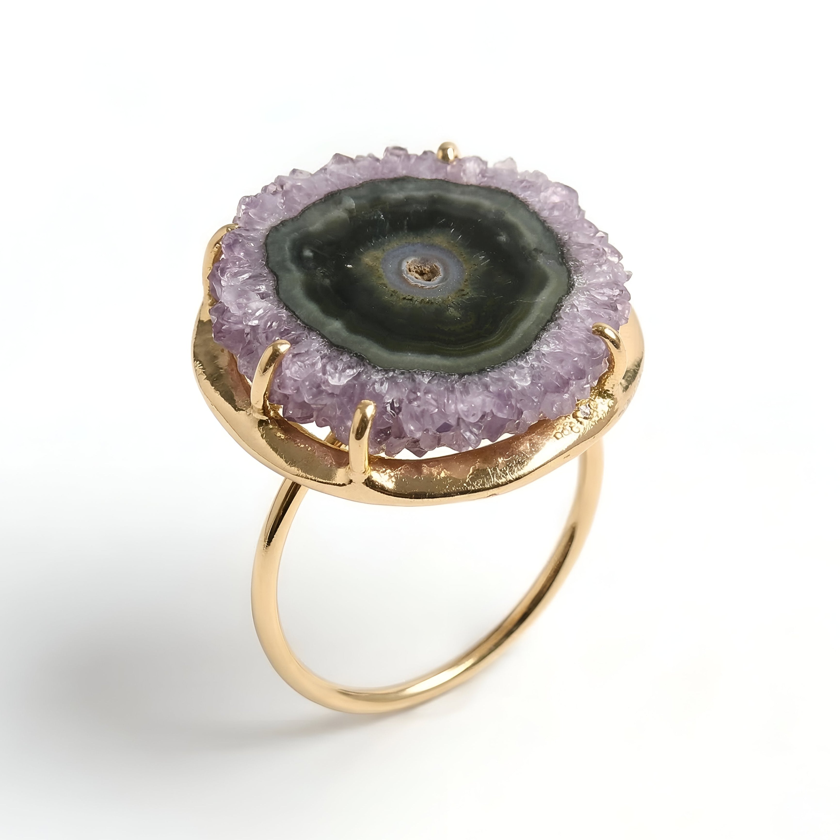 The Violet Galaxy: Amethyst Stalactite Slice Gold Ring