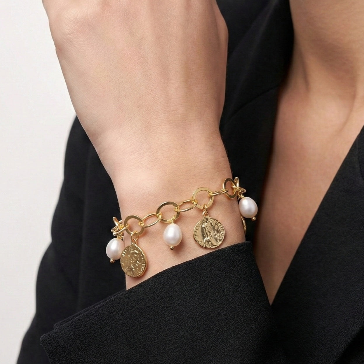 The Roman Heritage: Pearl Gold Coin Charm Bracelet