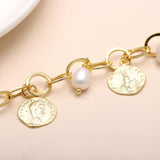 Solid Brass Bracelet with Round Motif Coins & Freshwater Pearls