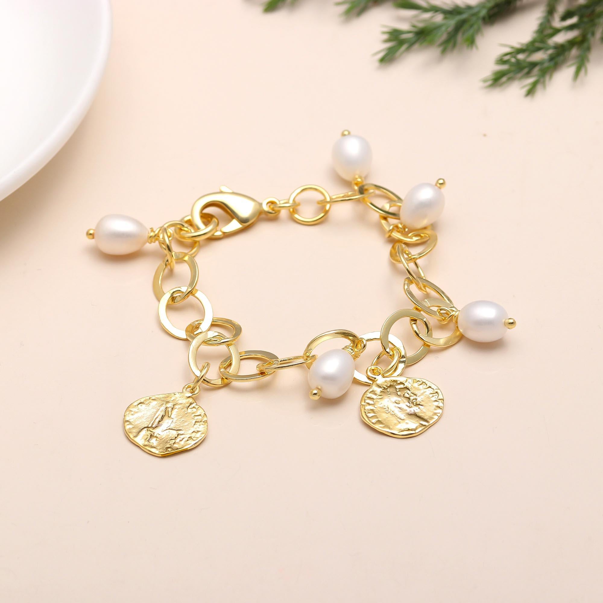 Solid Brass Bracelet with Round Motif Coins & Freshwater Pearls