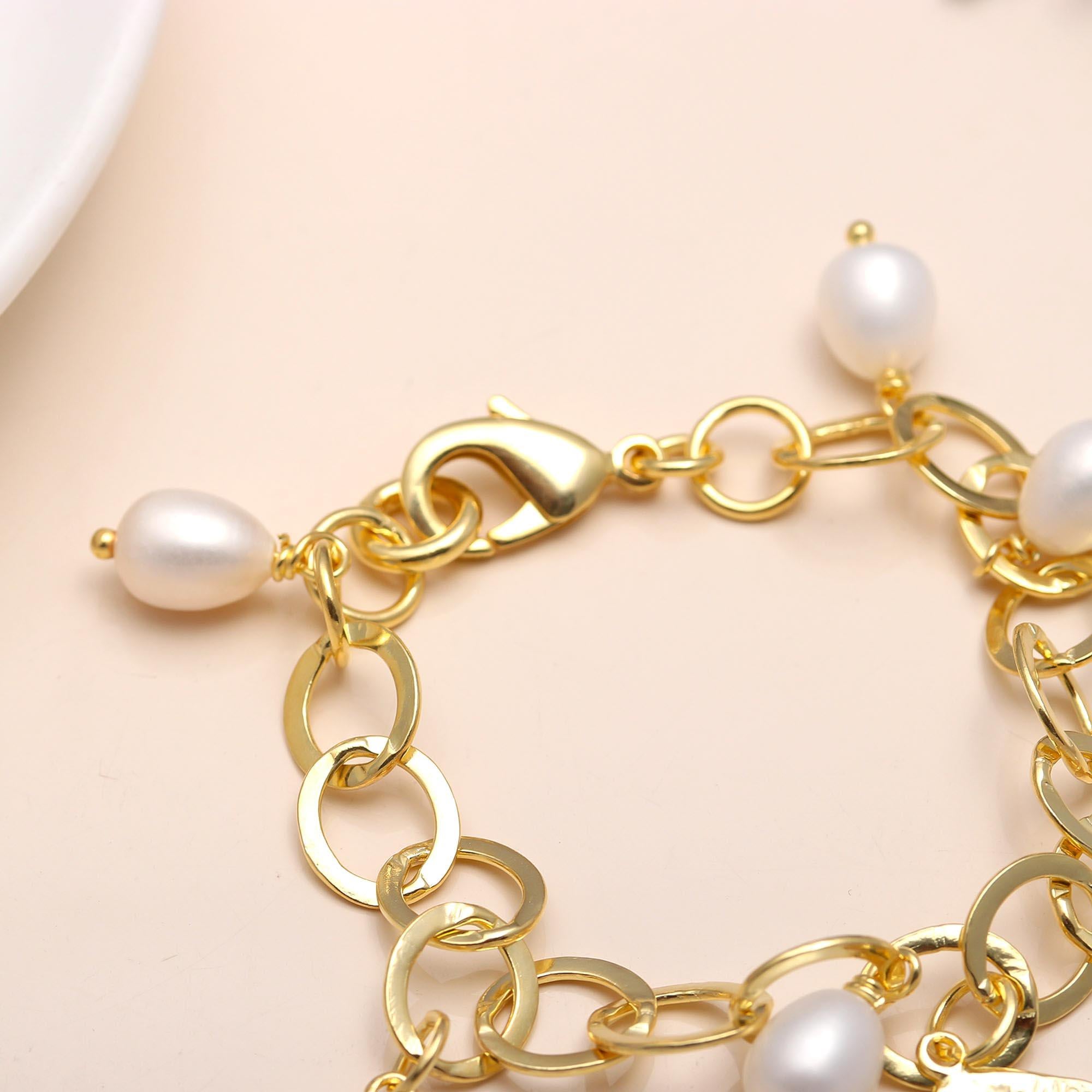 Solid Brass Bracelet with Round Motif Coins & Freshwater Pearls