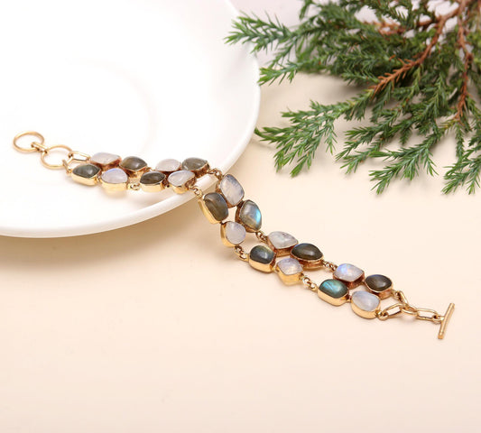 Rainbow Moonstone & Labradorite Brass Bracelet