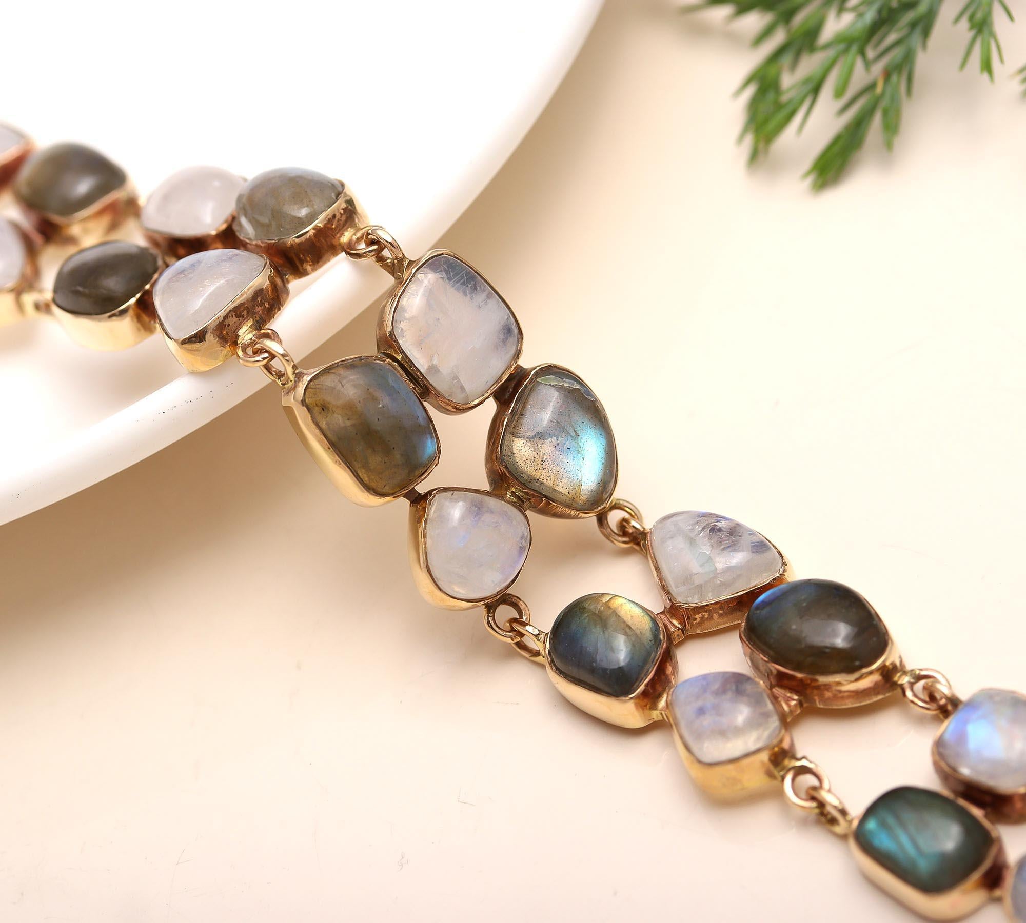 Rainbow Moonstone & Labradorite Brass Bracelet