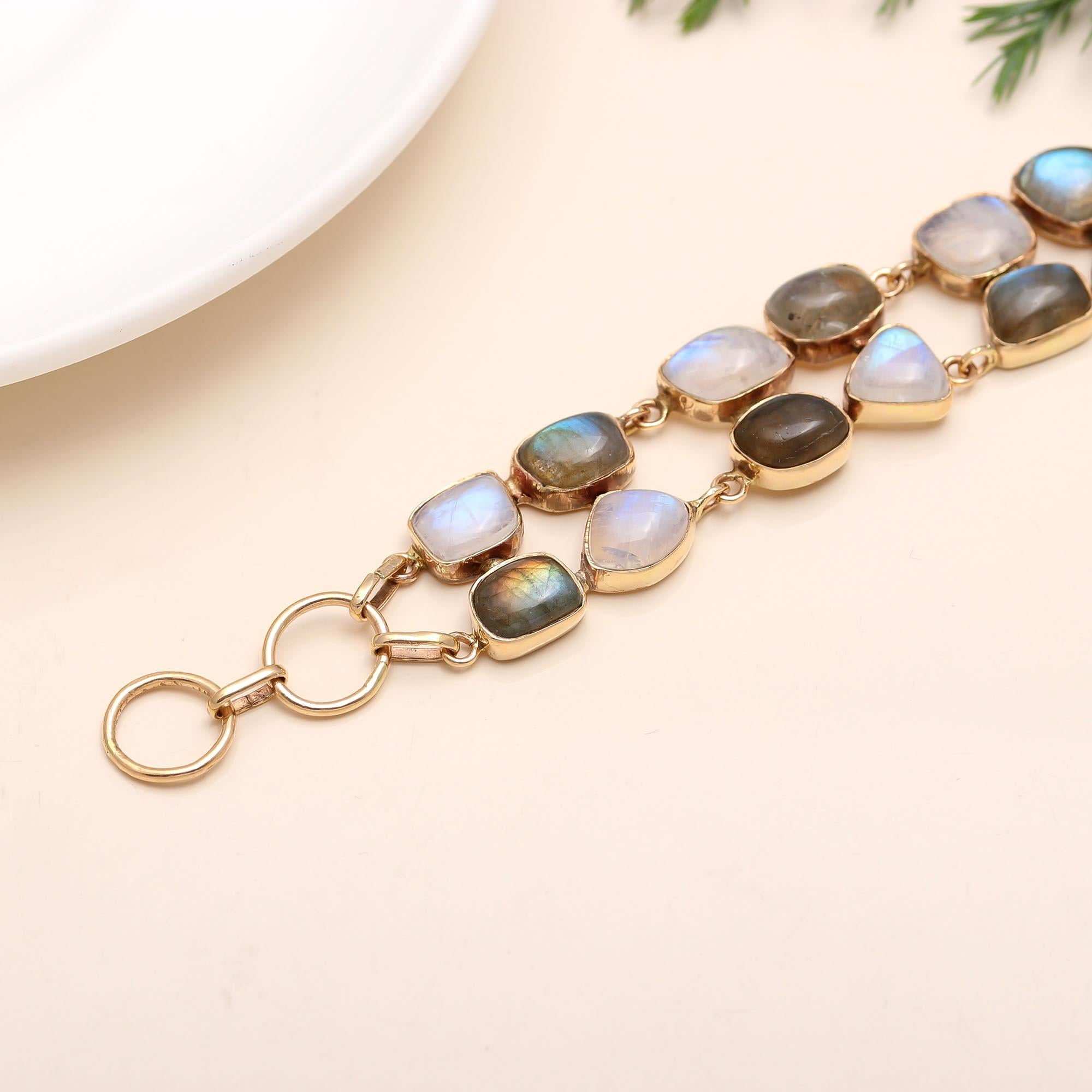 Rainbow Moonstone & Labradorite Brass Bracelet