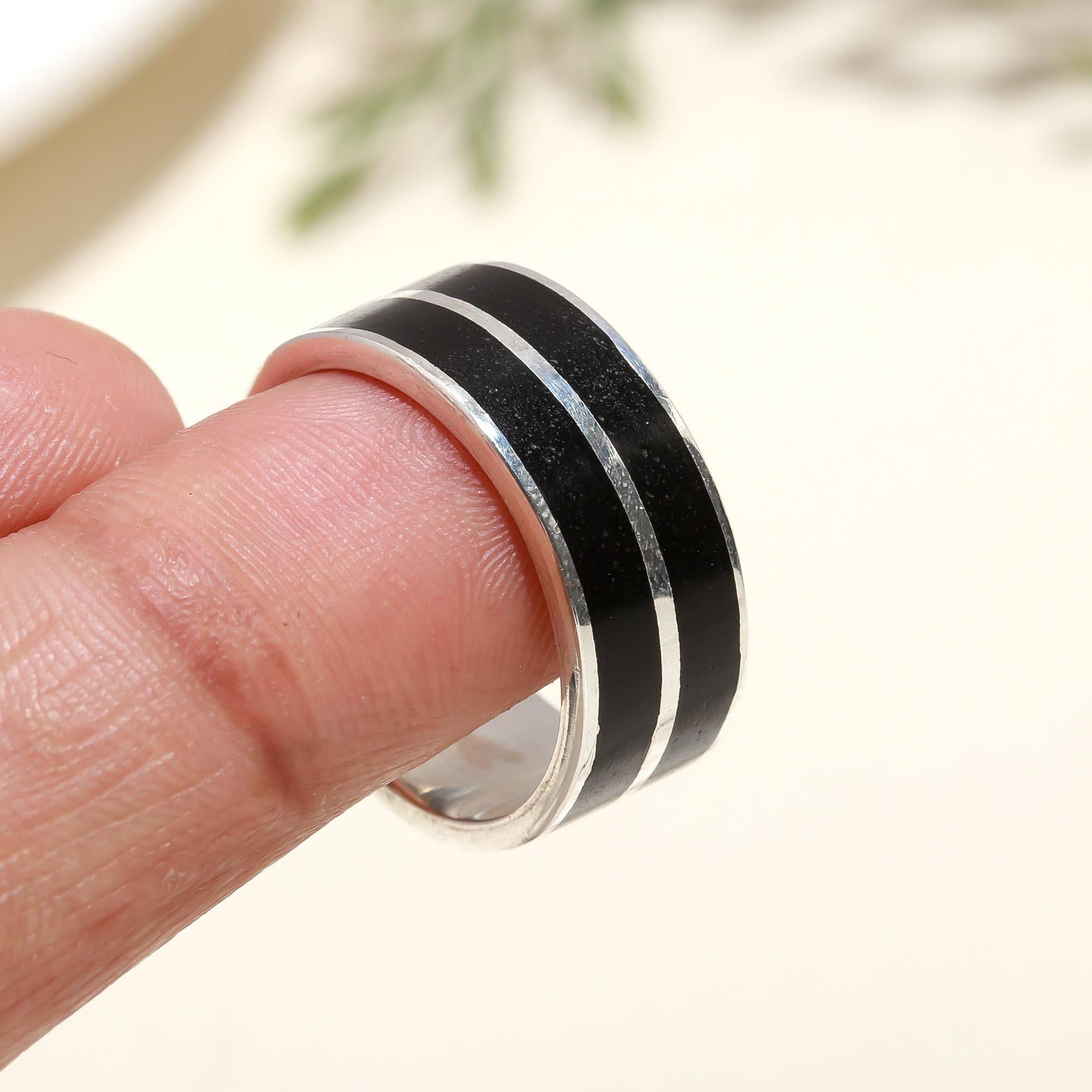 925 Silver Black Enamel Band Ring