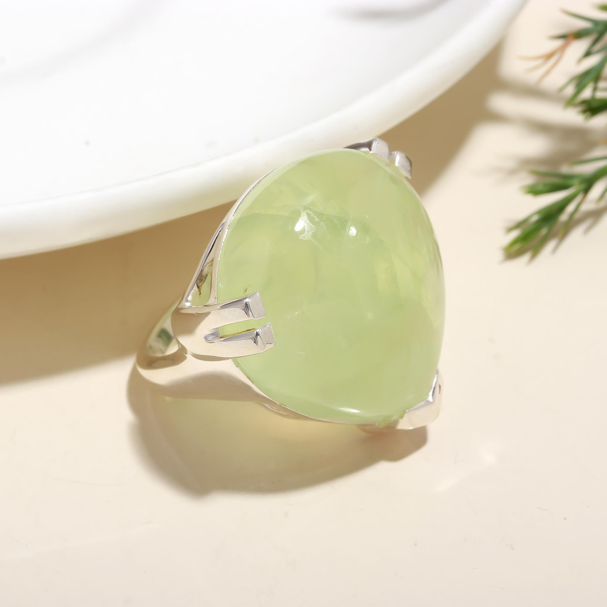 925 Silver Large Green Prehnite Ring