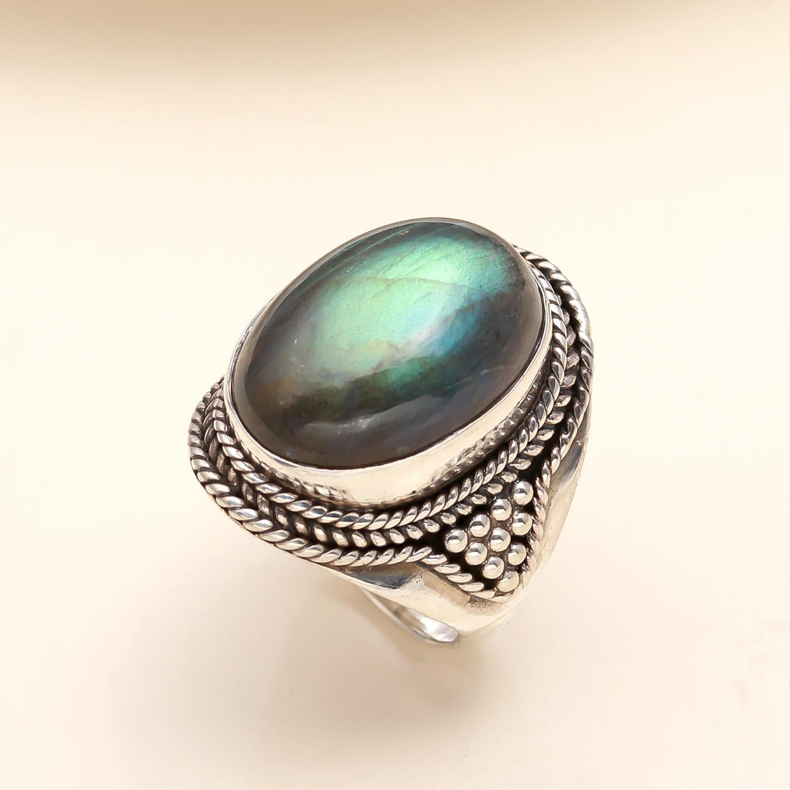 The Mystic Fortress: Labradorite & Silver Granulated Ring
