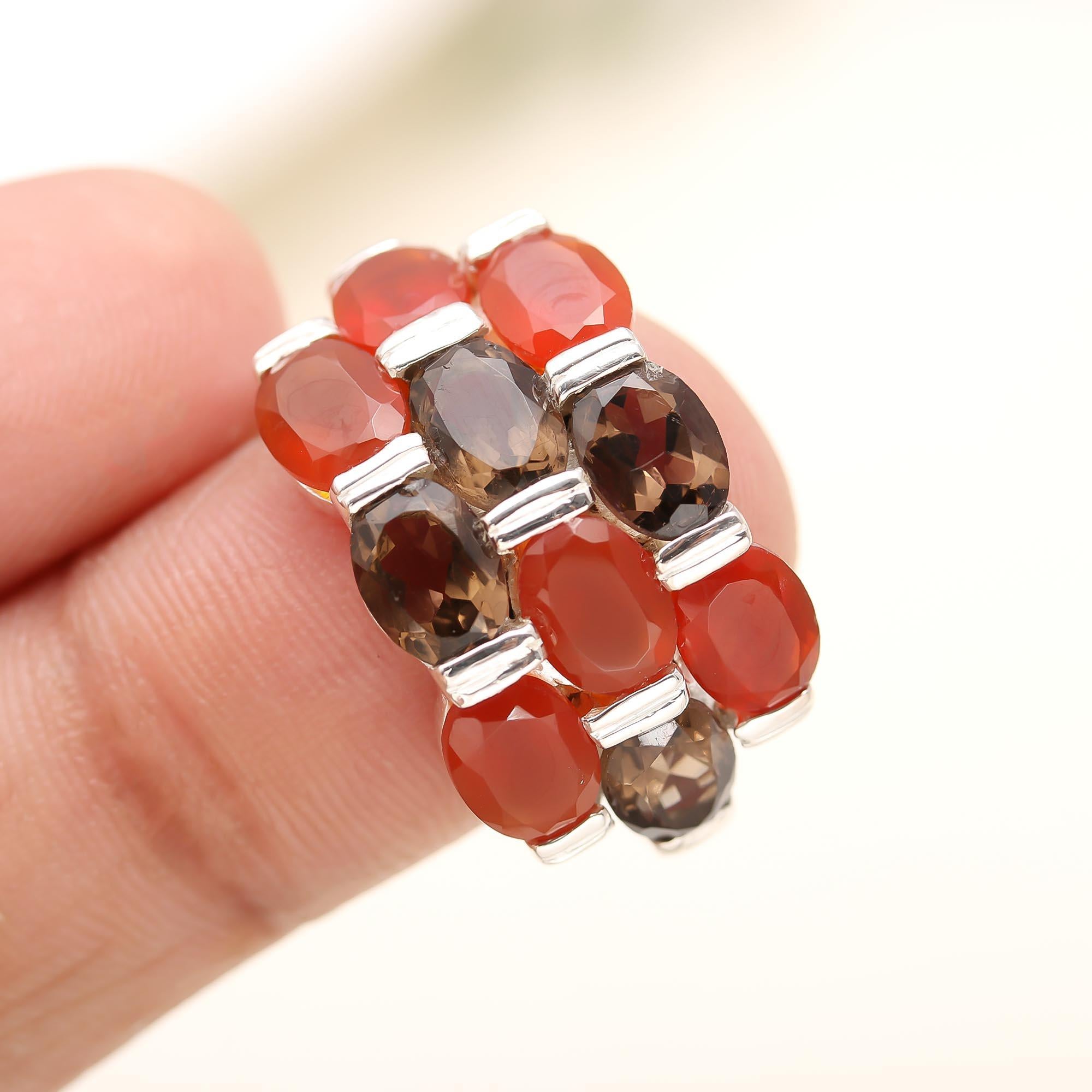 925 Silver Carnelian and Smoky Quartz Ring