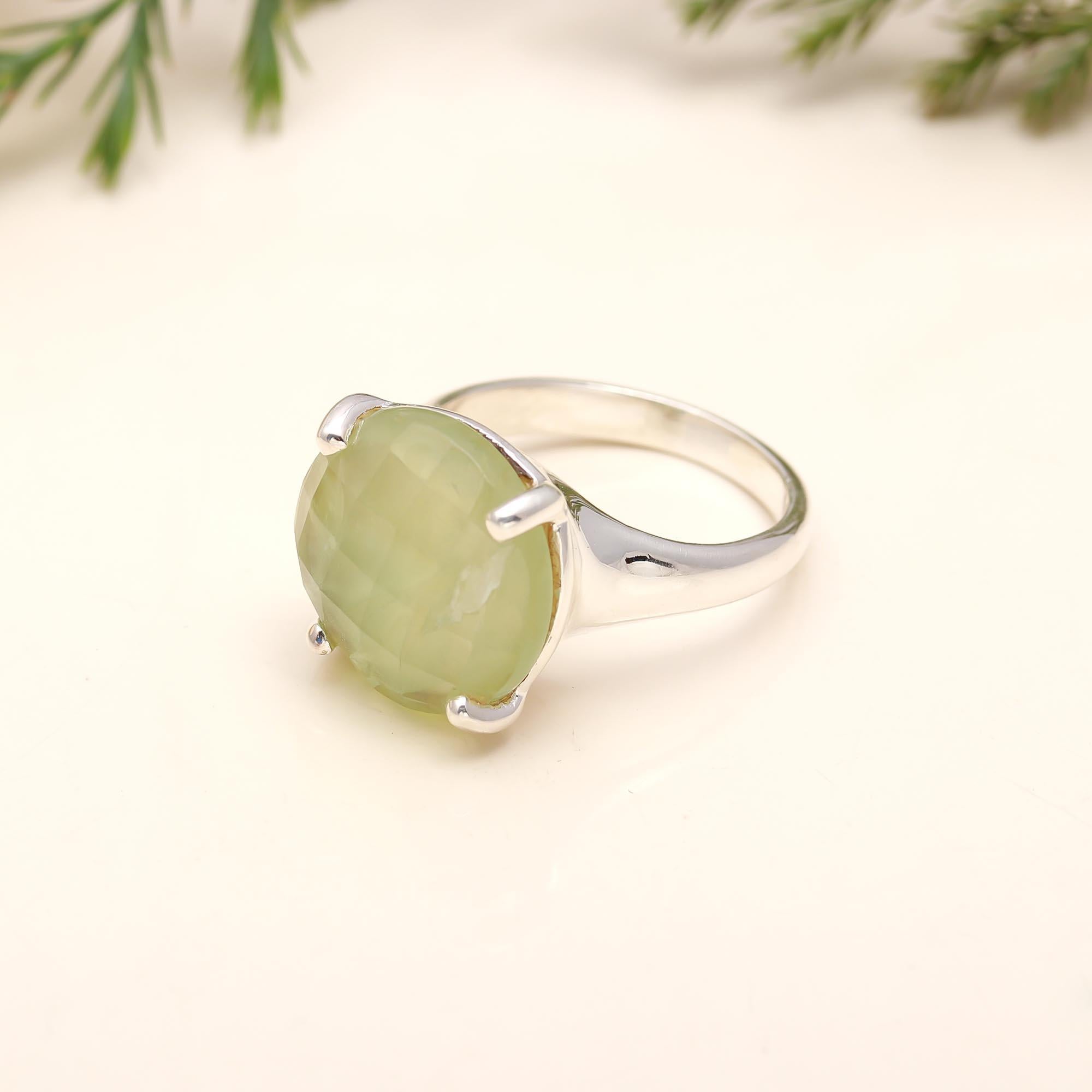 925 Silver Round Prehnite Ring