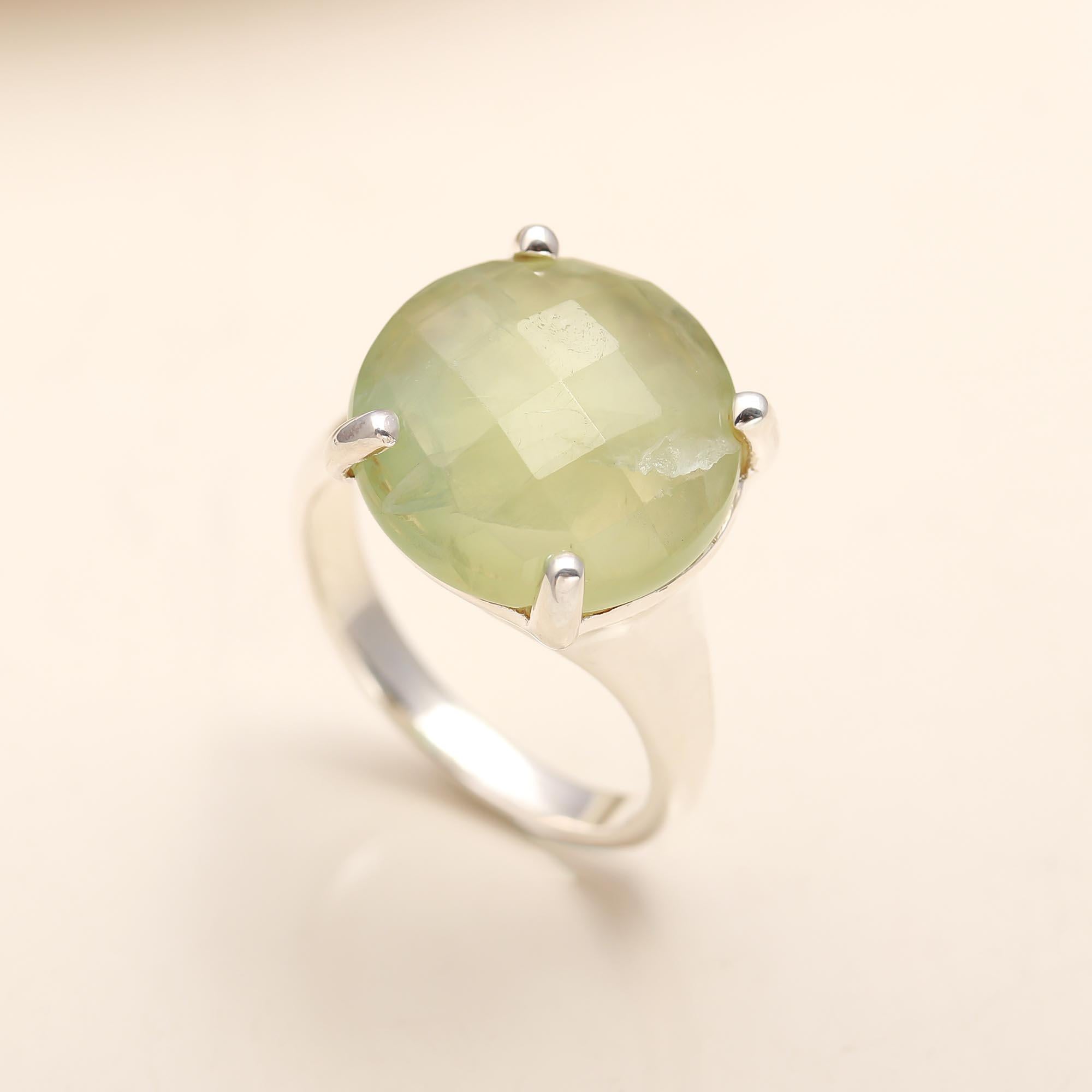 925 Silver Round Prehnite Ring