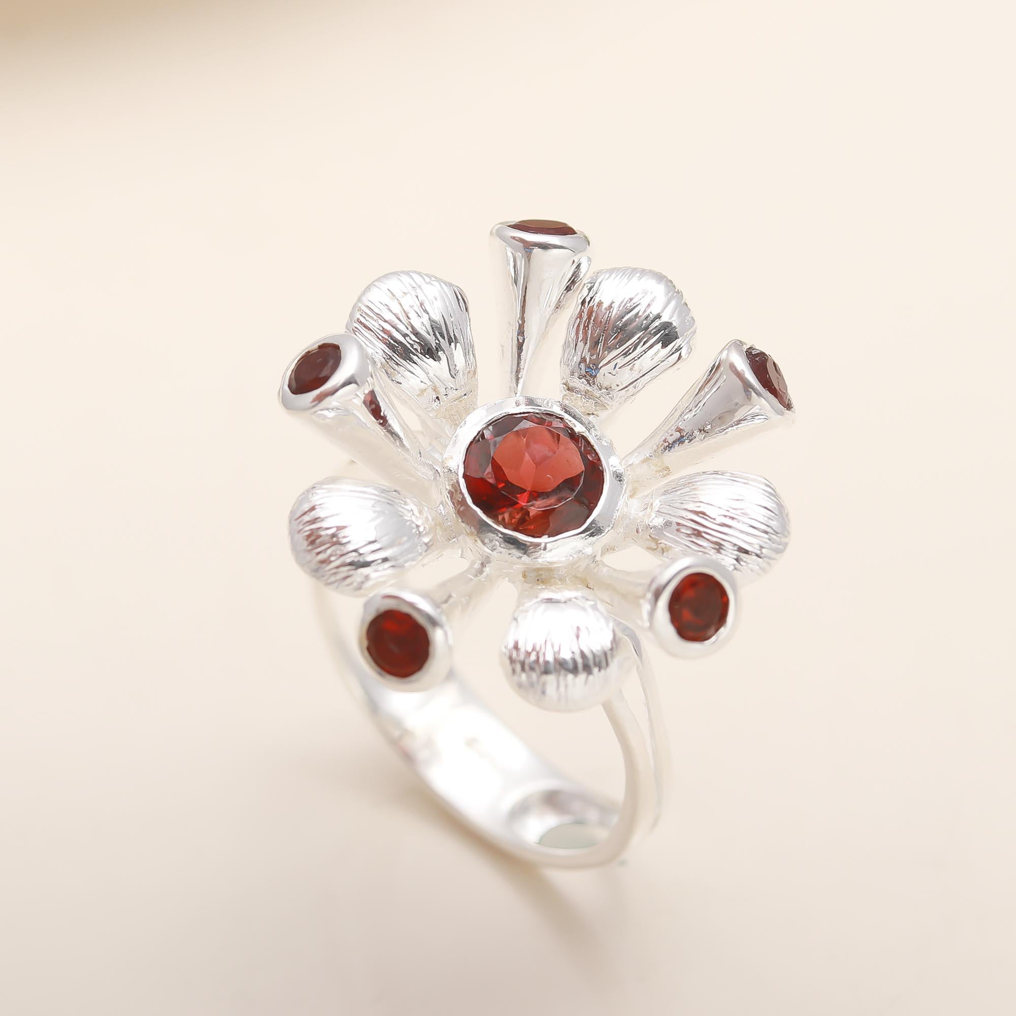 925 Silver Garnet Floral Ring