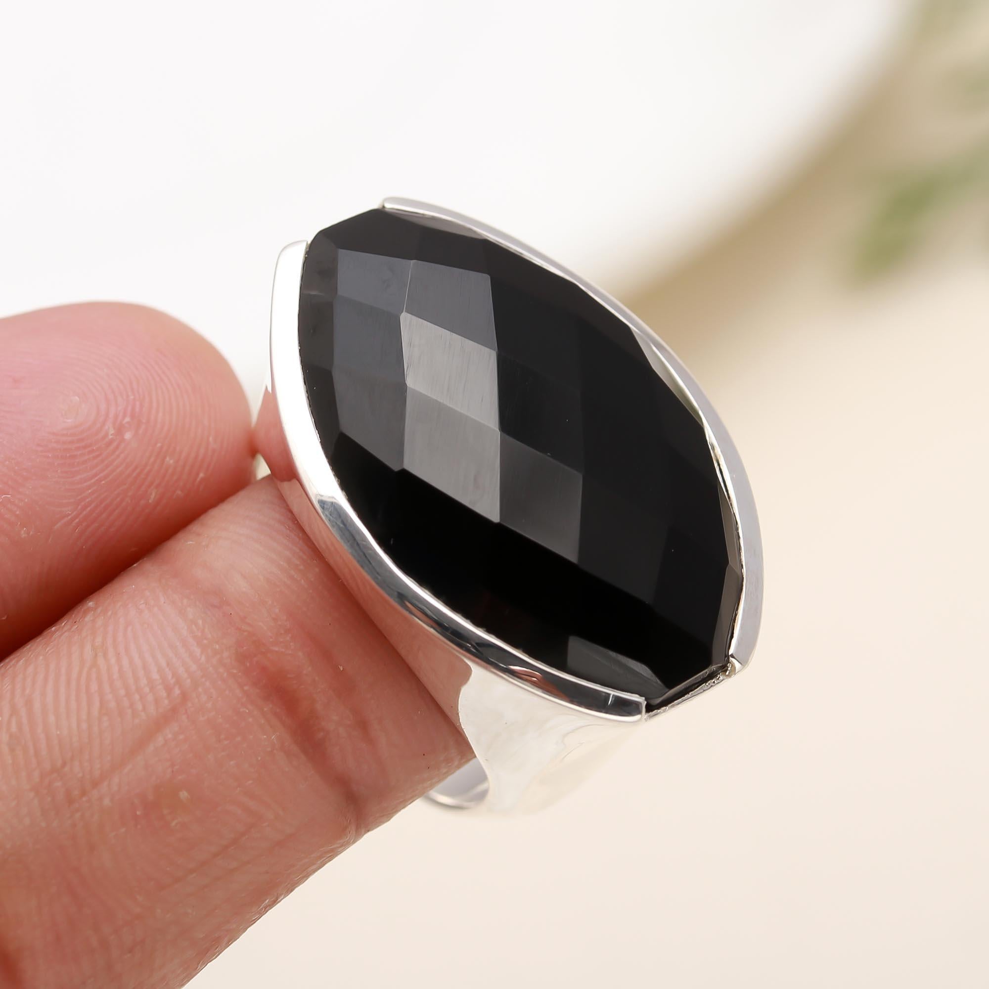 925 Silver Faceted Black Onyx Ring