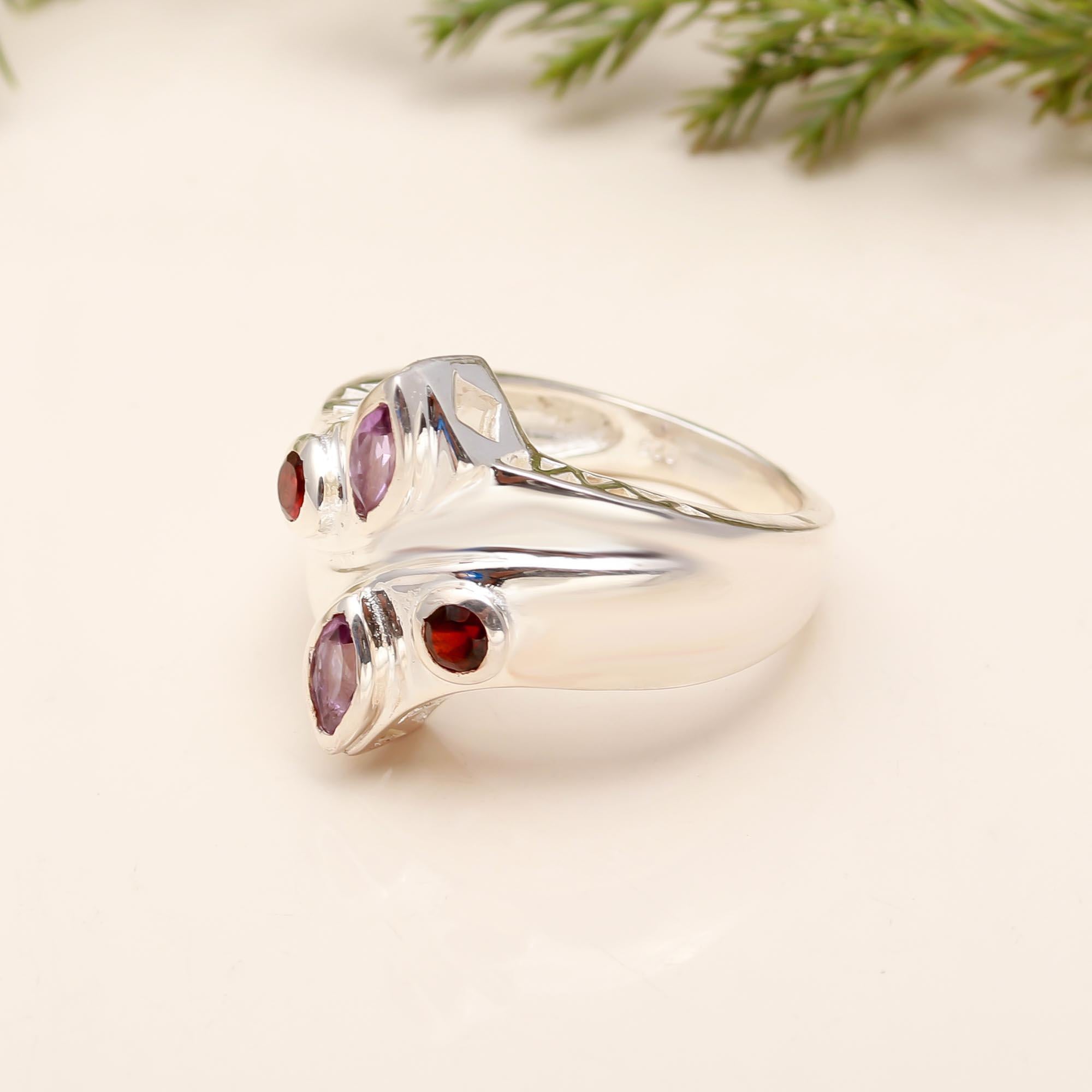 925 Silver Garnet and Amethyst Ring