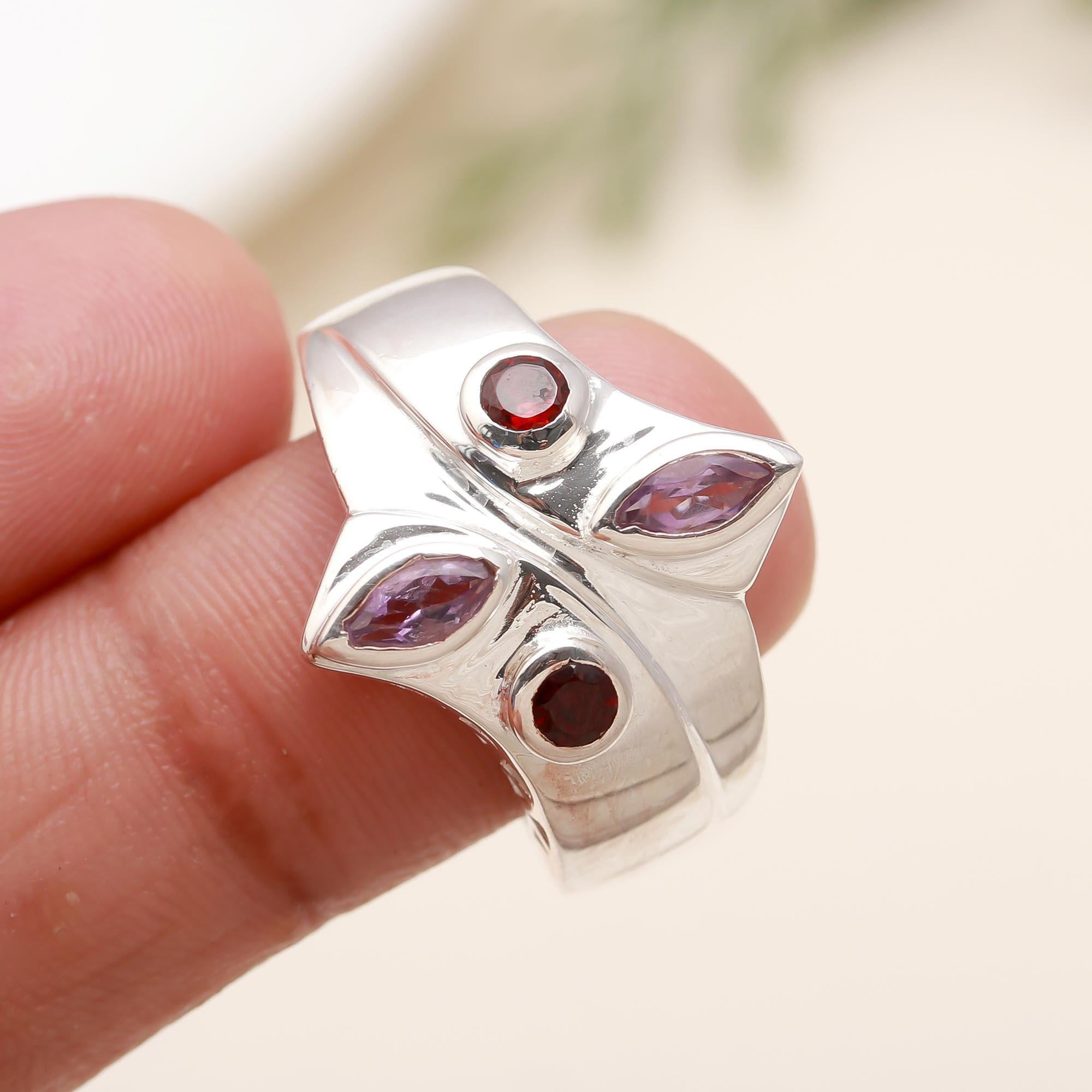 925 Silver Garnet and Amethyst Ring