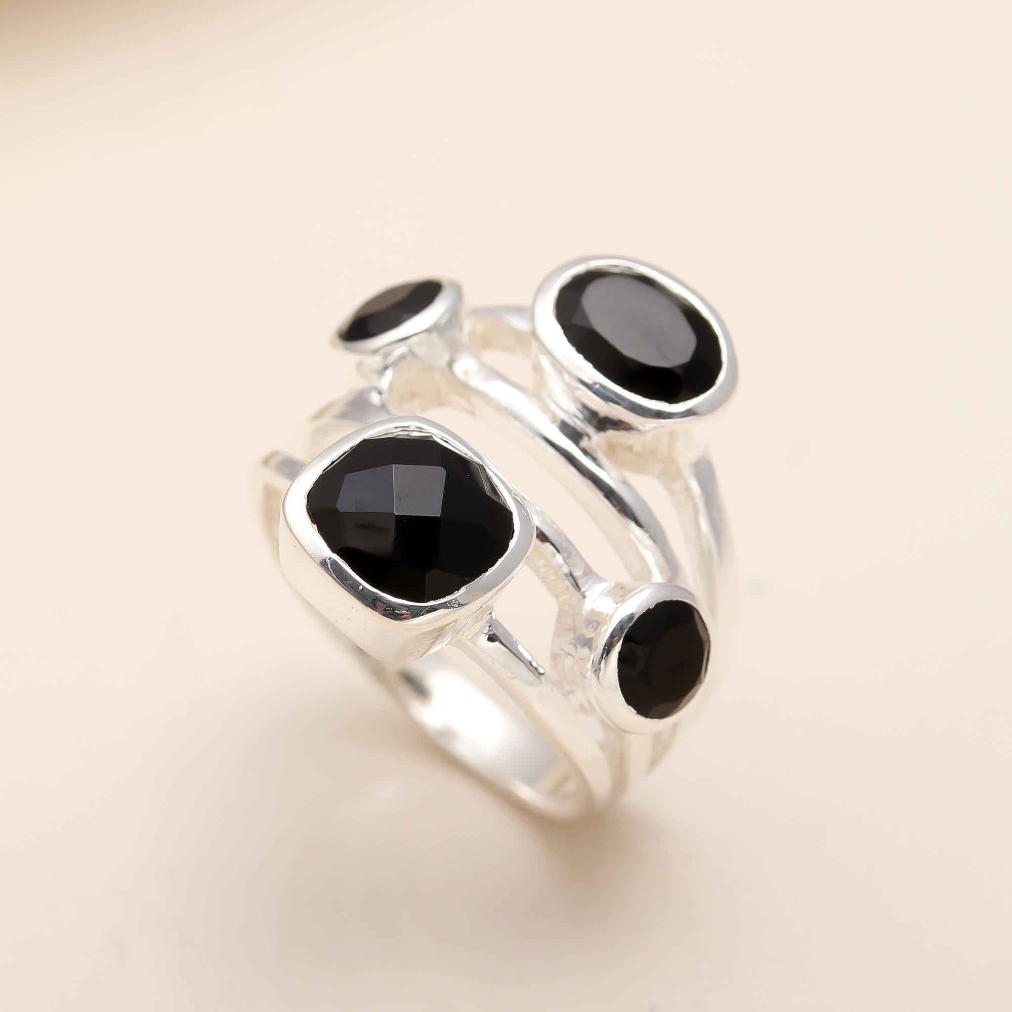 925 Silver Multi Black Onyx Ring