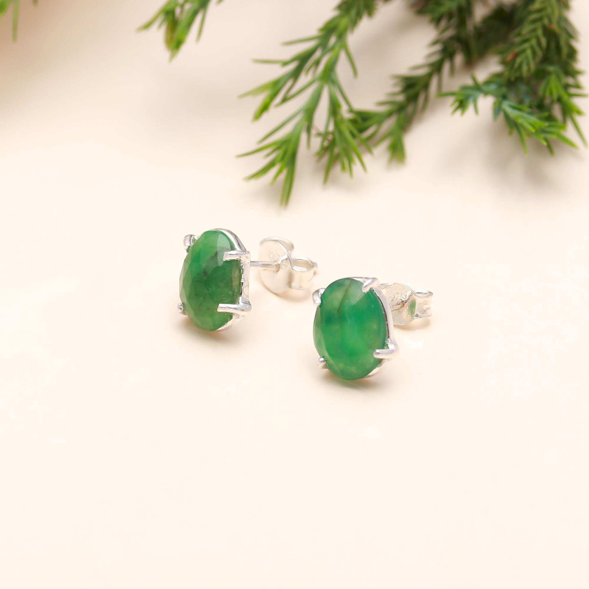 925 Sterling Silver  Zambia Emerald Stud Earring with Pushback