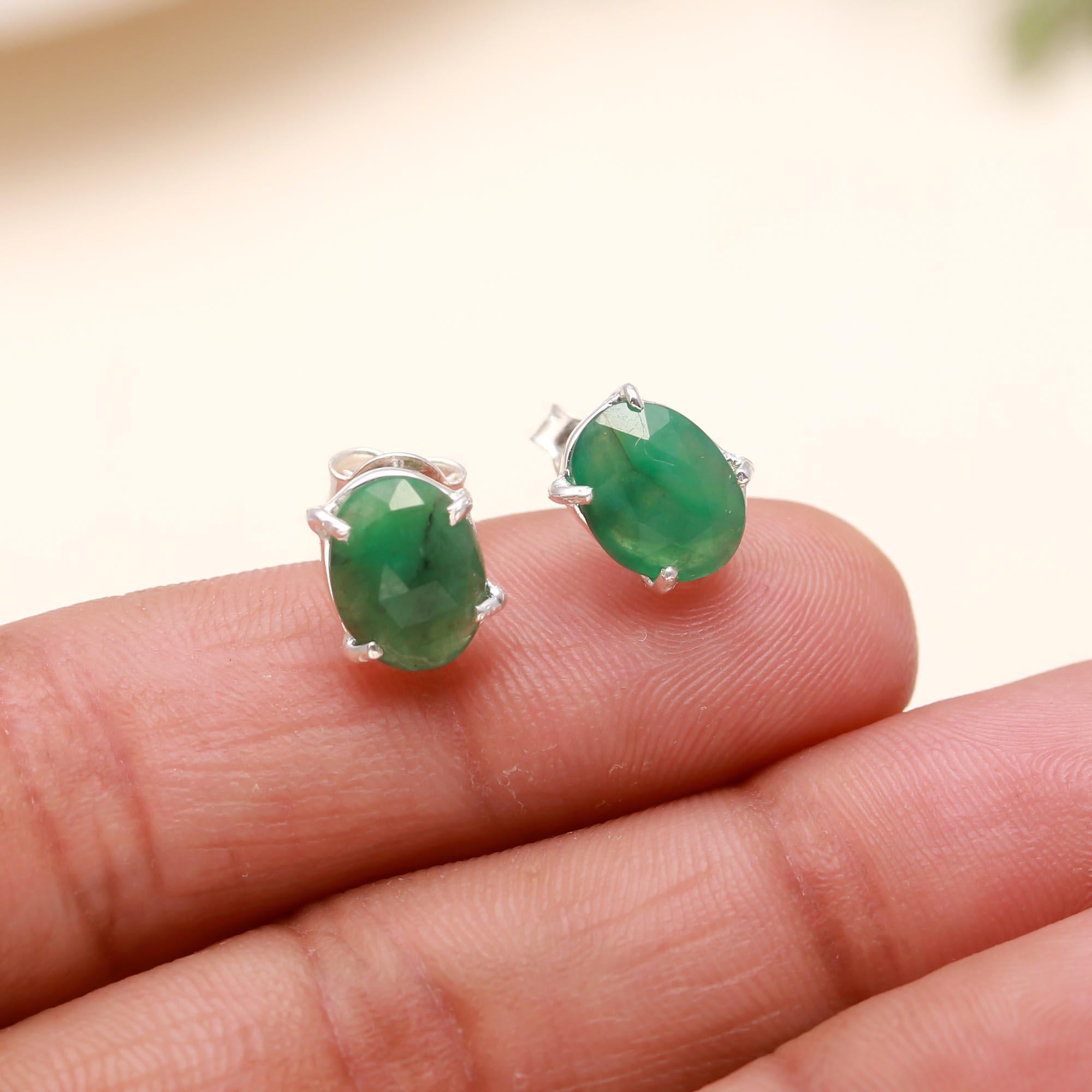 925 Sterling Silver  Zambia Emerald Stud Earring with Pushback