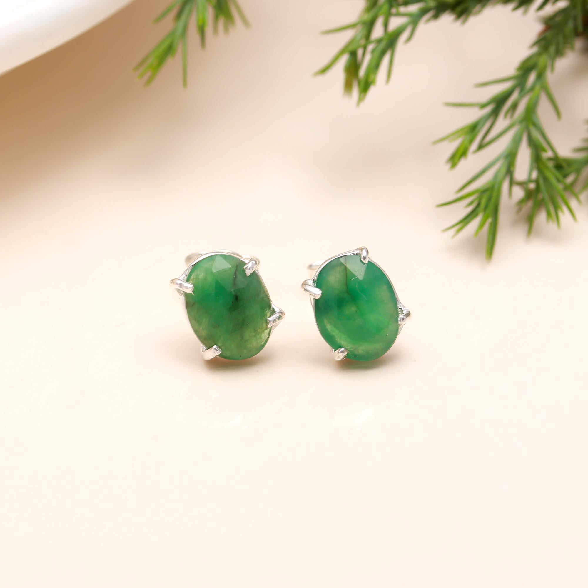 925 Sterling Silver  Zambia Emerald Stud Earring with Pushback