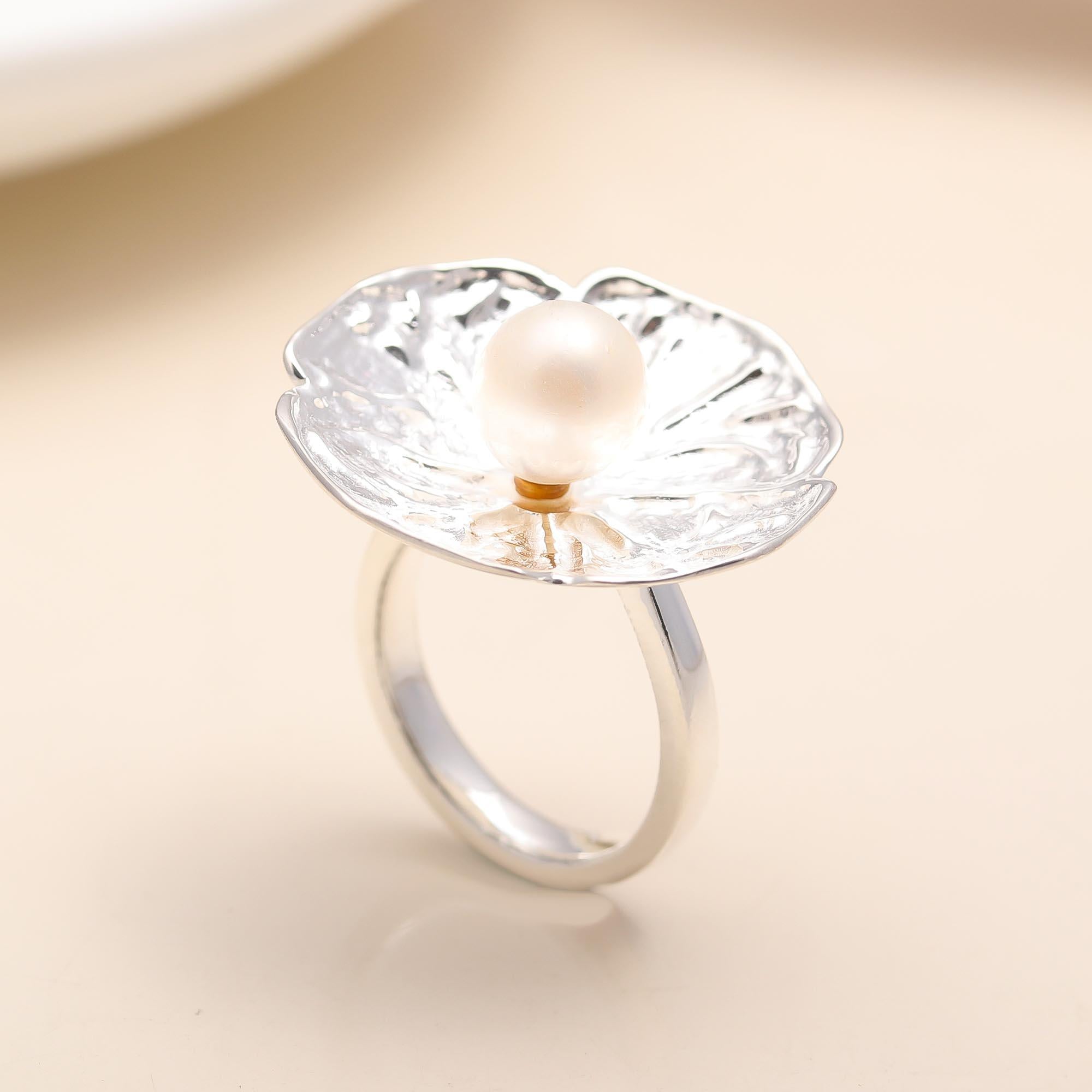 925 Silver Pearl Lotus Ring