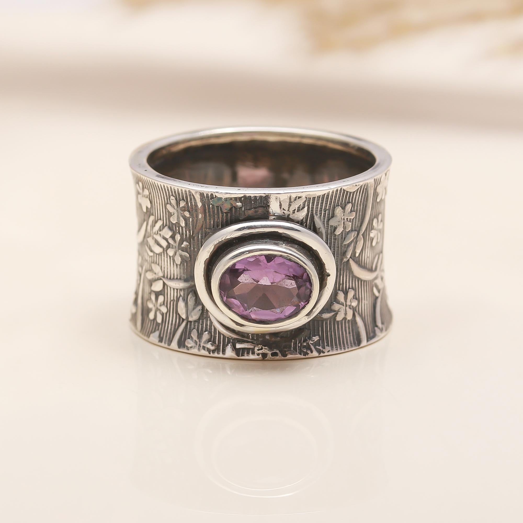 925 Silver Amethyst Wide Ring