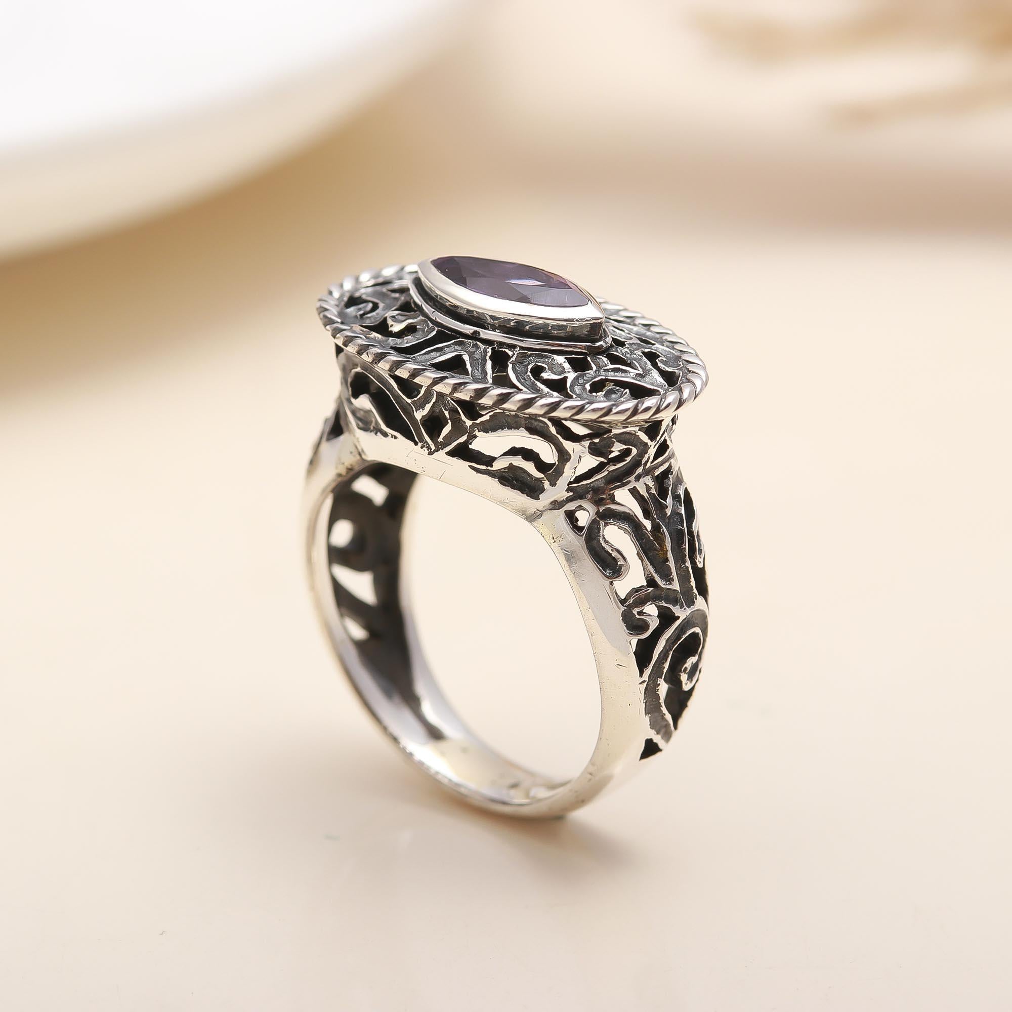 925 Silver Amethyst Filigree Ring