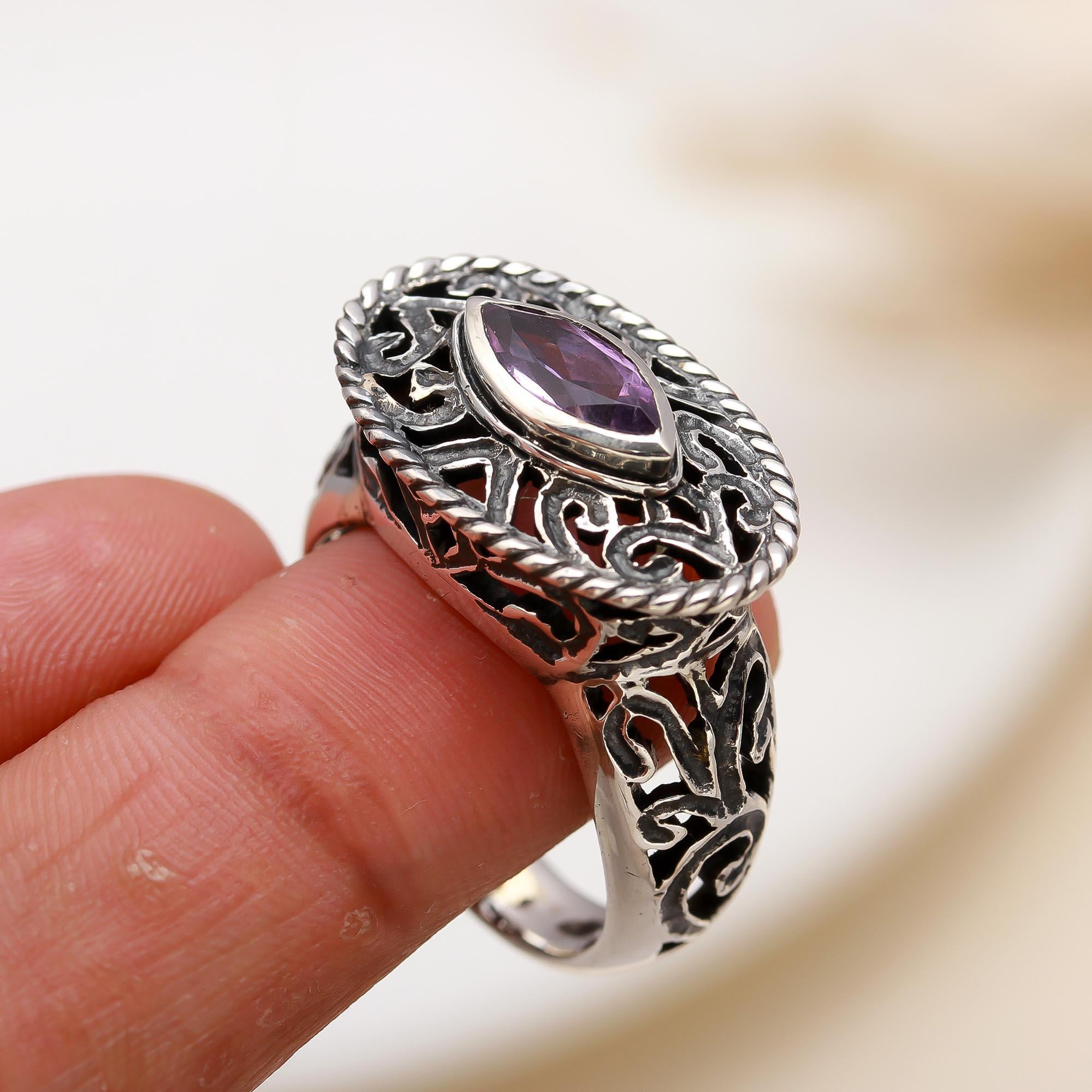 925 Silver Amethyst Filigree Ring