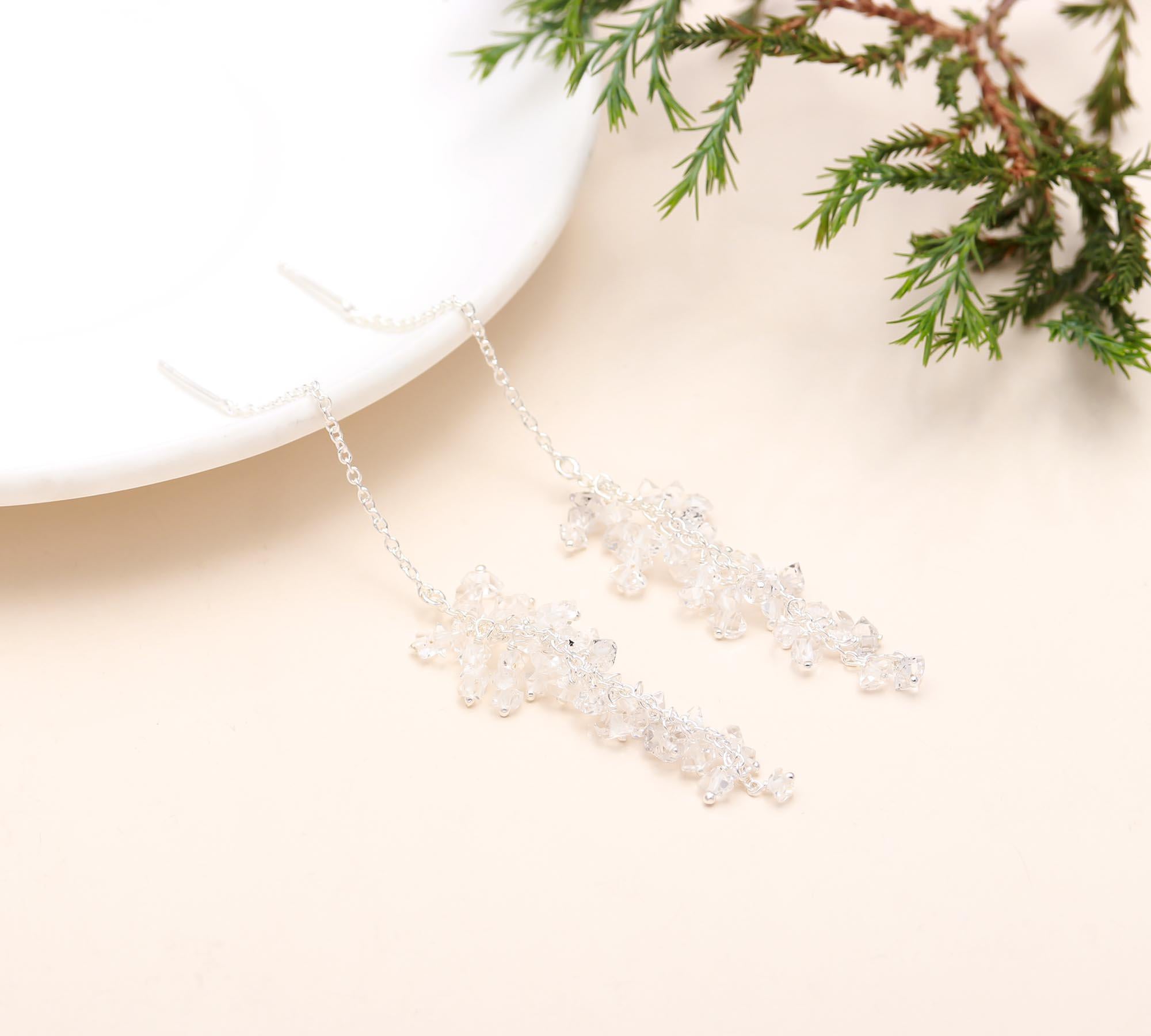 925 Silver Herkimer Quartz Cluster Threader Earrings