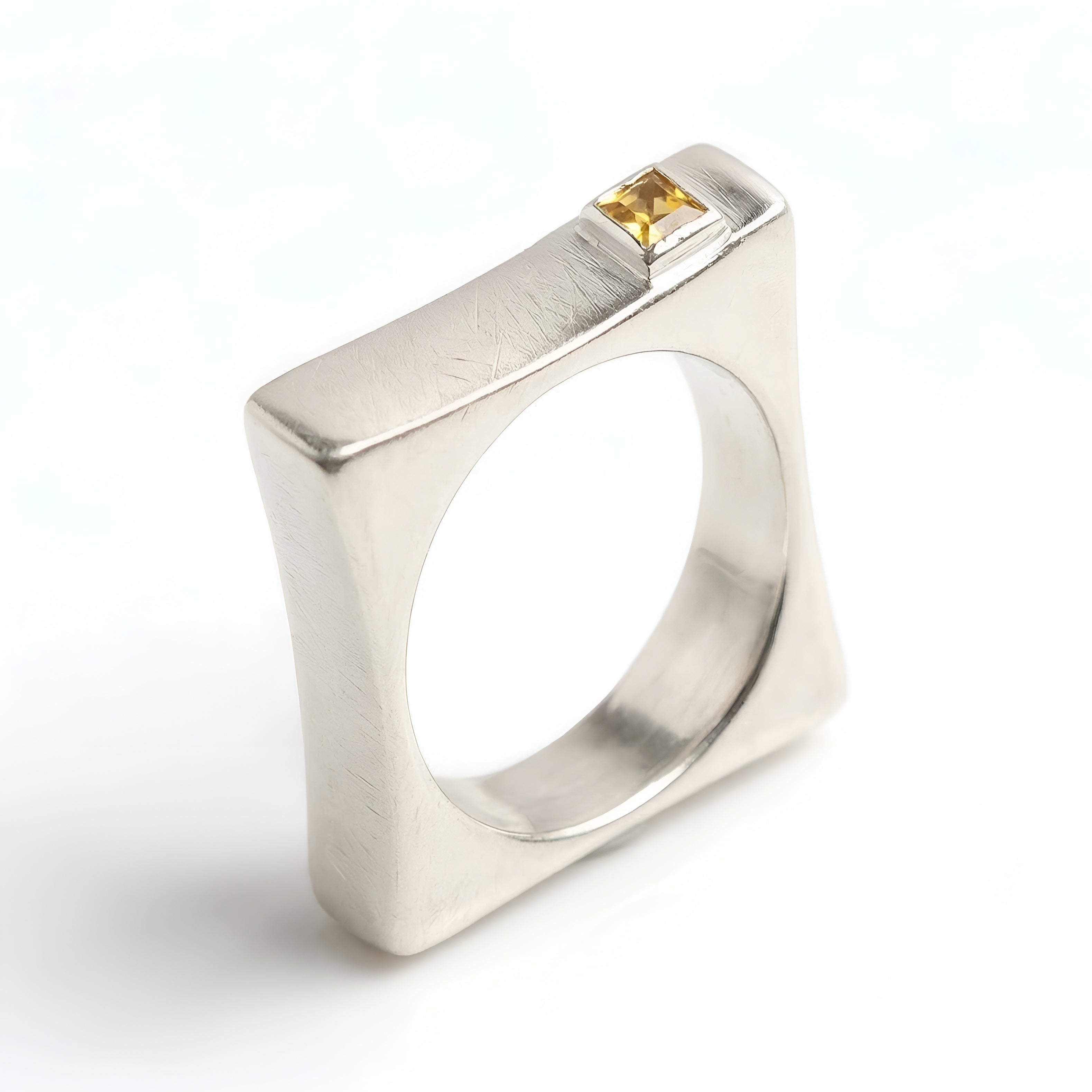 The Modern Cube: Citrine & Brushed Silver Square Ring