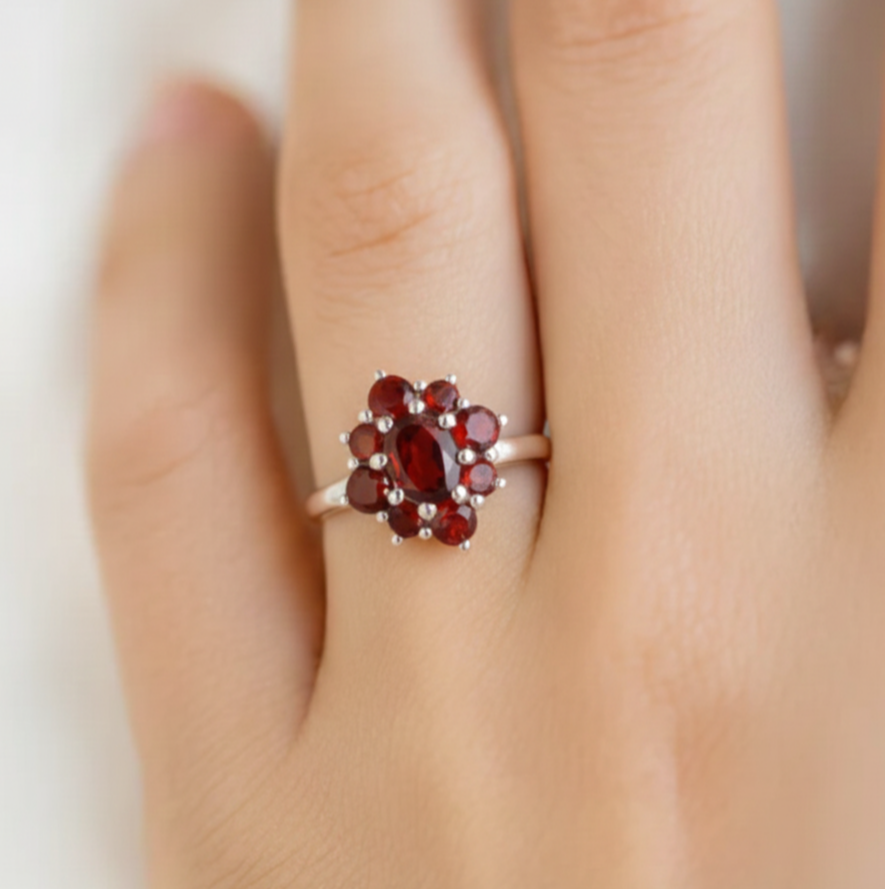 925 Silver Garnet Cluster Floral Ring