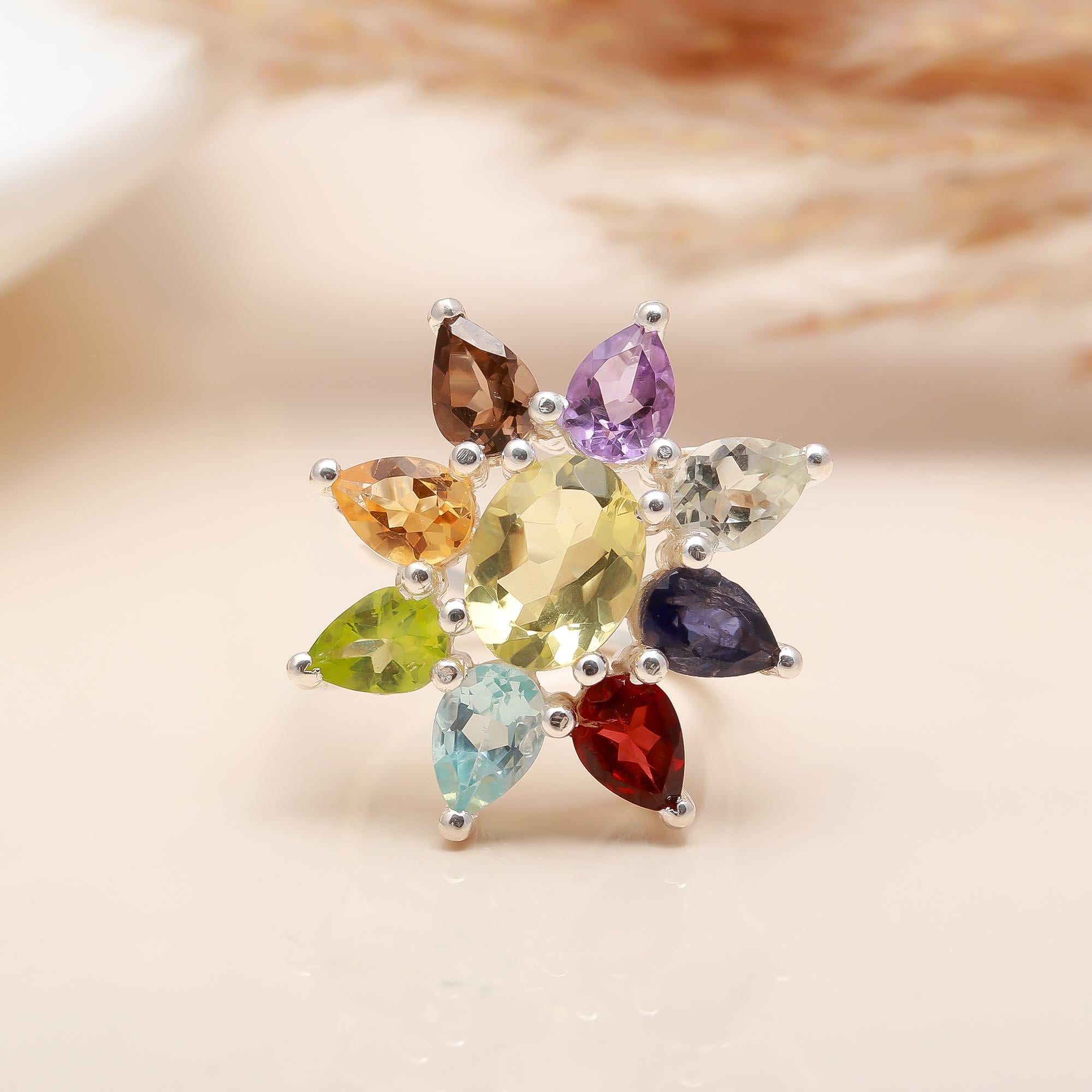 925 Silver Multi Gemstone Flower Ring