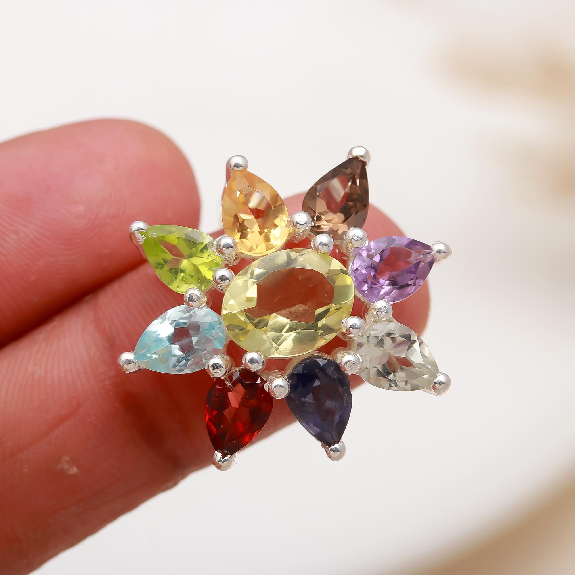 925 Silver Multi Gemstone Flower Ring