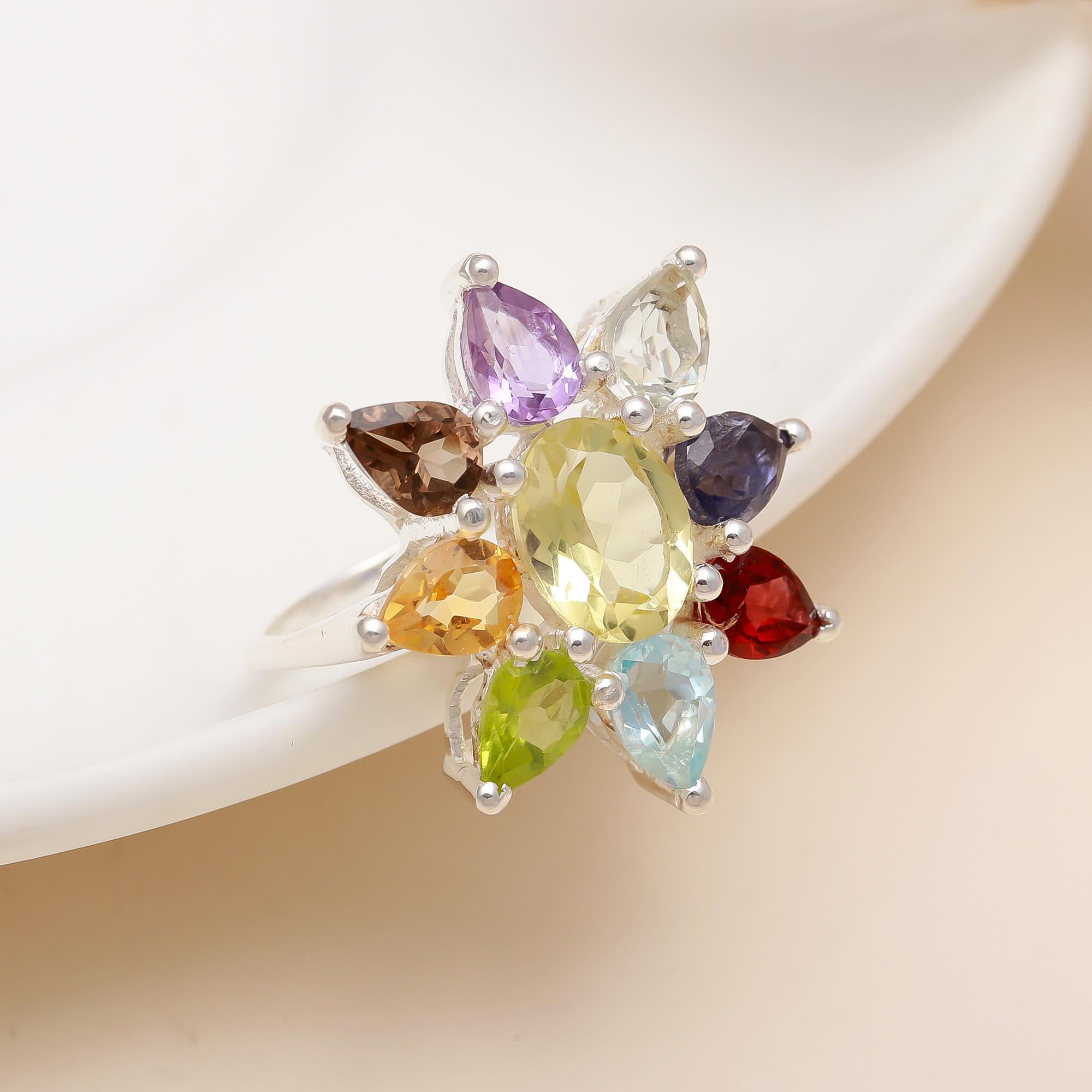 925 Silver Multi Gemstone Flower Ring