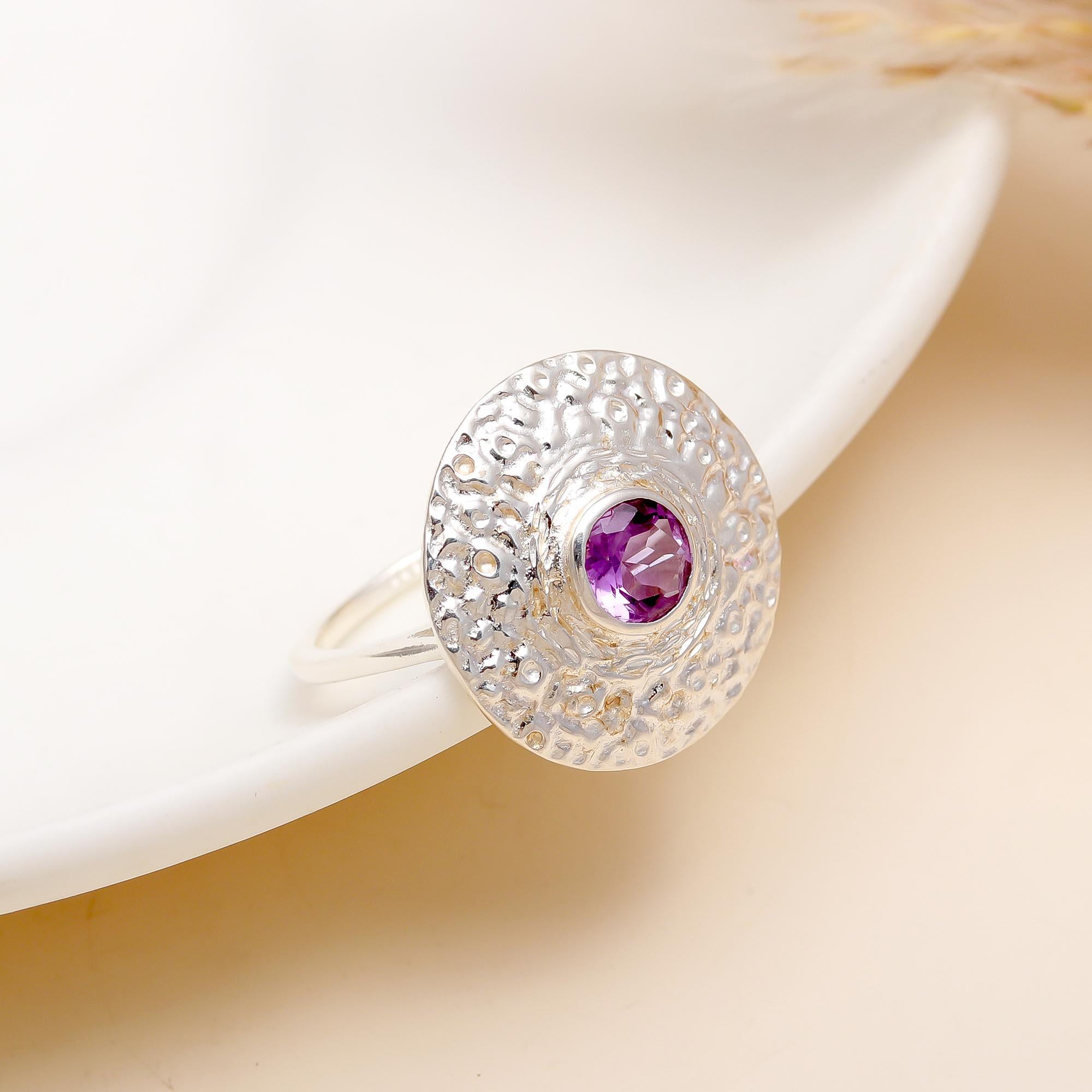 925 Silver Amethyst Hammered Disc Ring