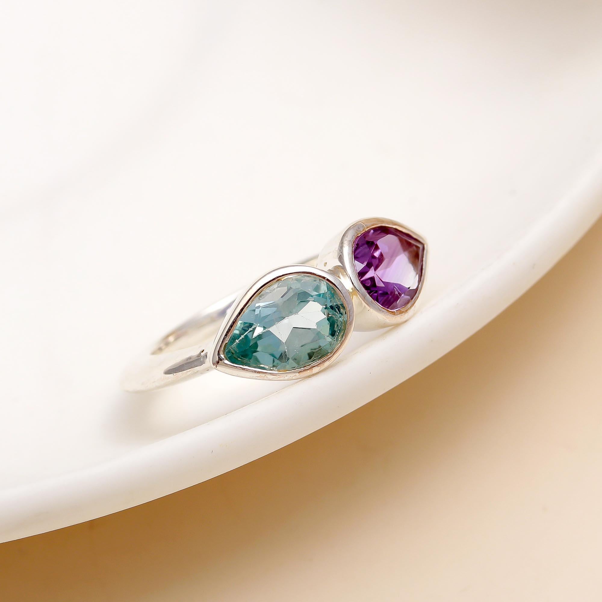 925 Silver Amethyst and Blue Topaz Ring
