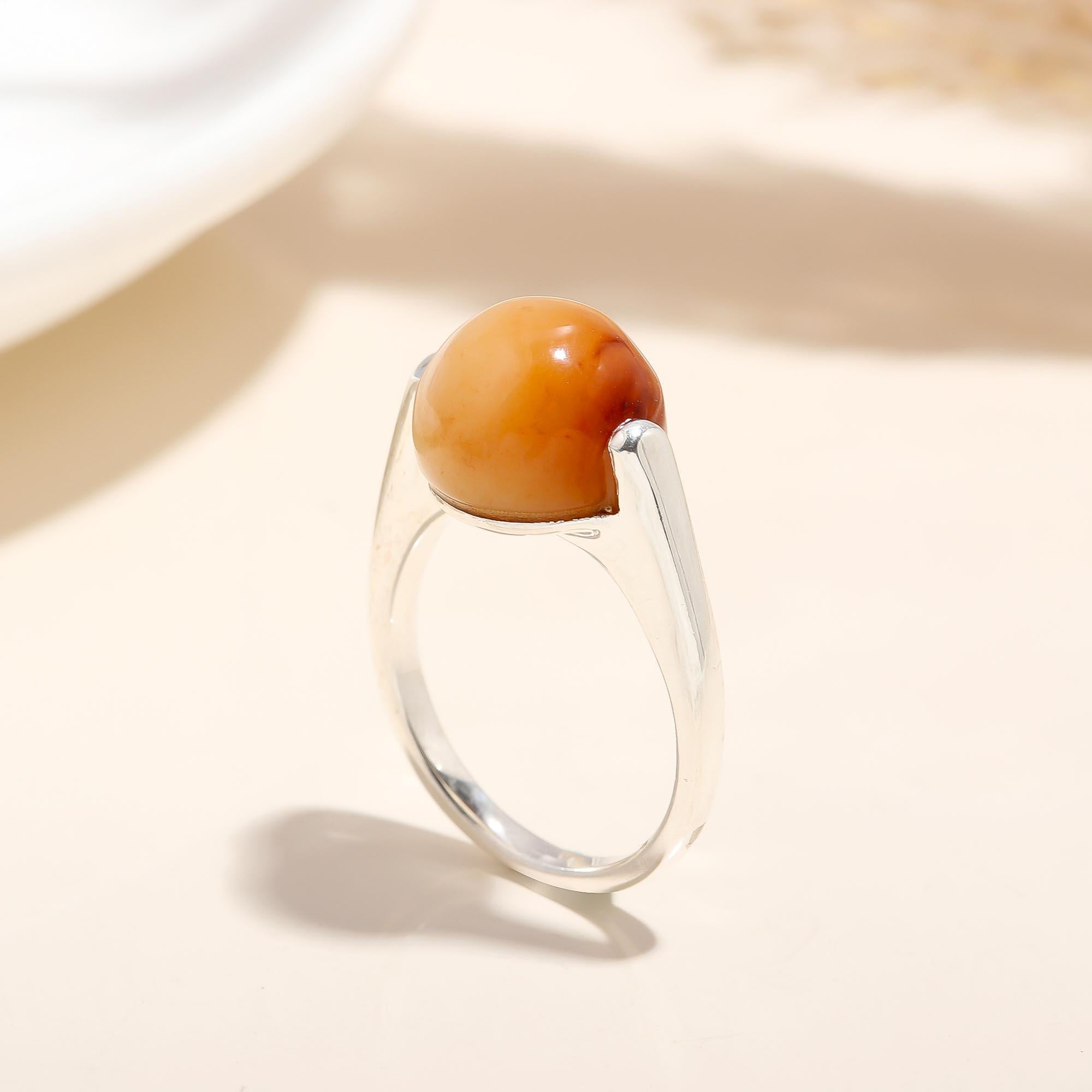 925 Silver Amber Cabochon Ring