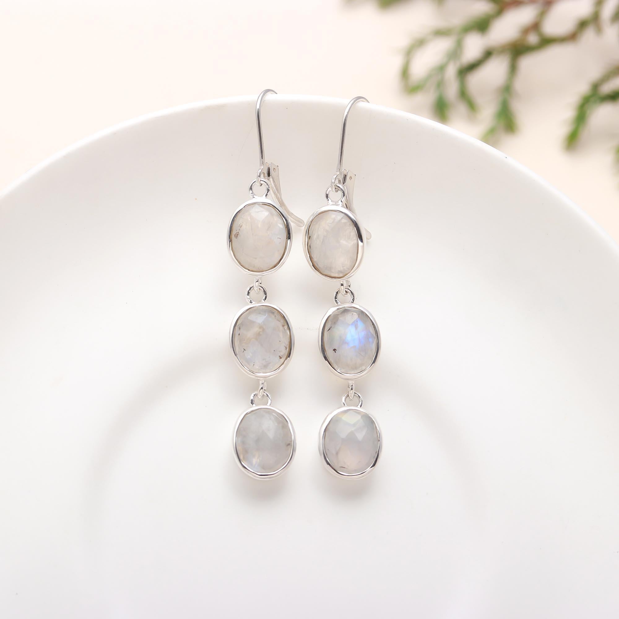 925 Silver Rainbow Moonstone Dangle Earrings