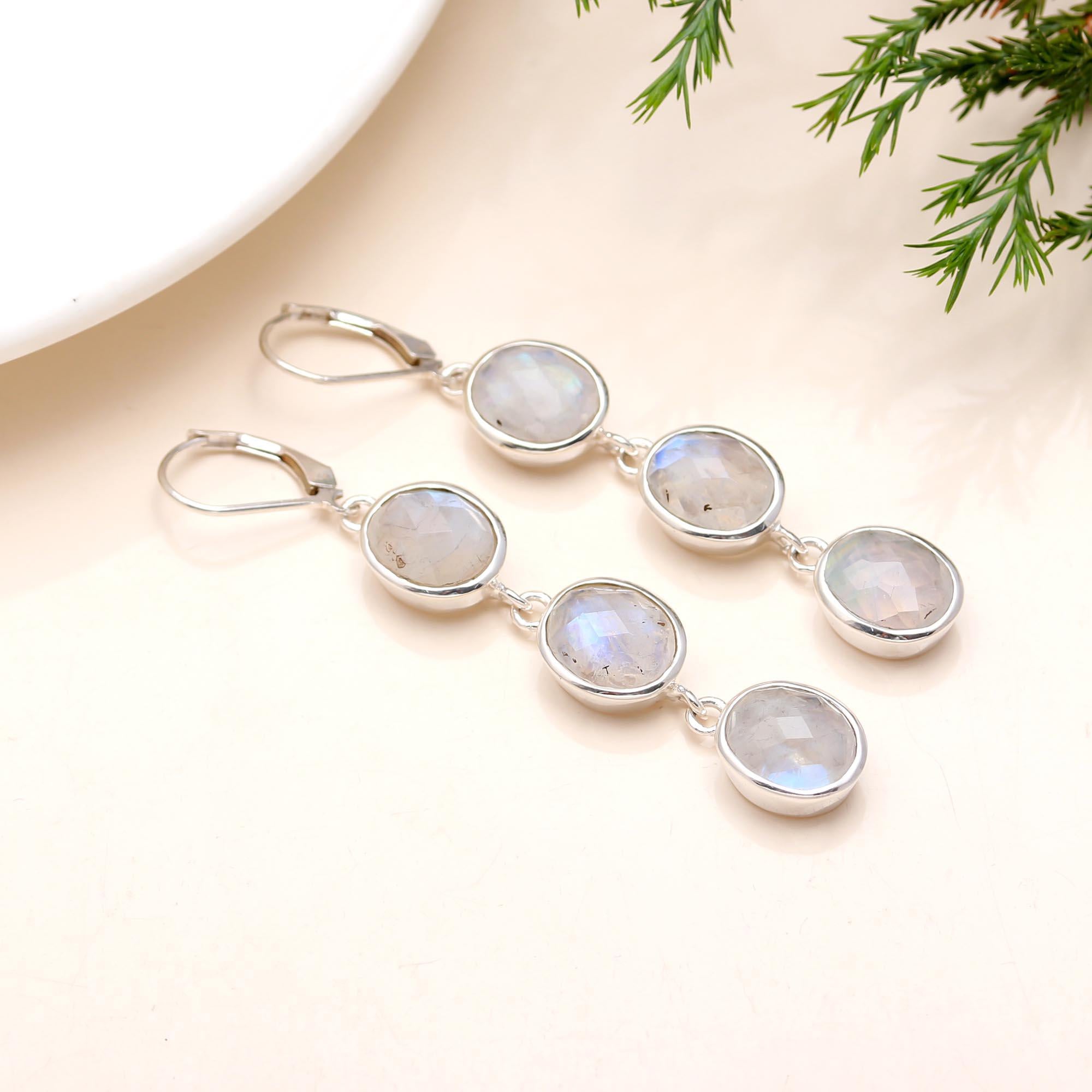 925 Silver Rainbow Moonstone Dangle Earrings