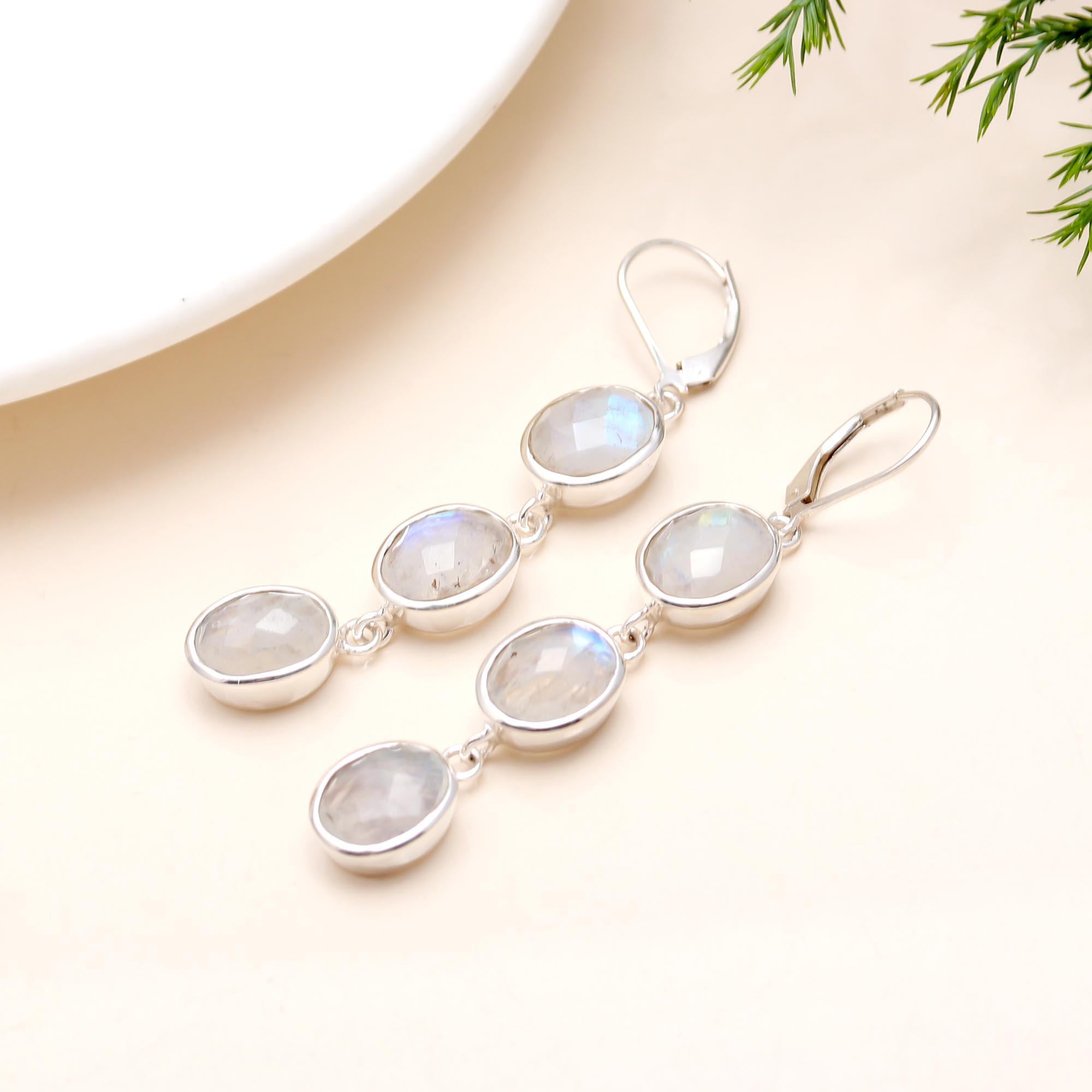 925 Silver Rainbow Moonstone Dangle Earrings