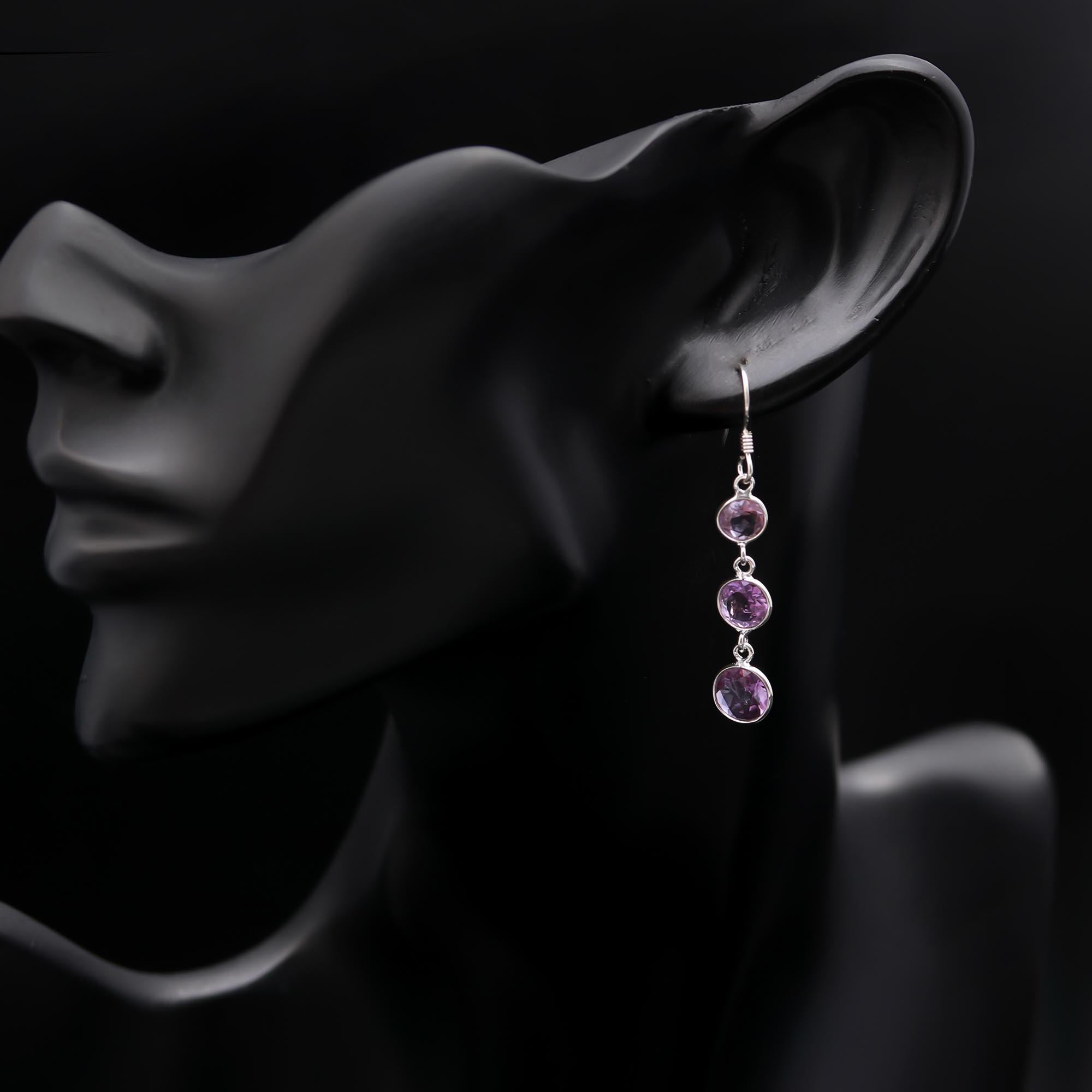 Solid 925 Silver Amethyst Dangle Earrings