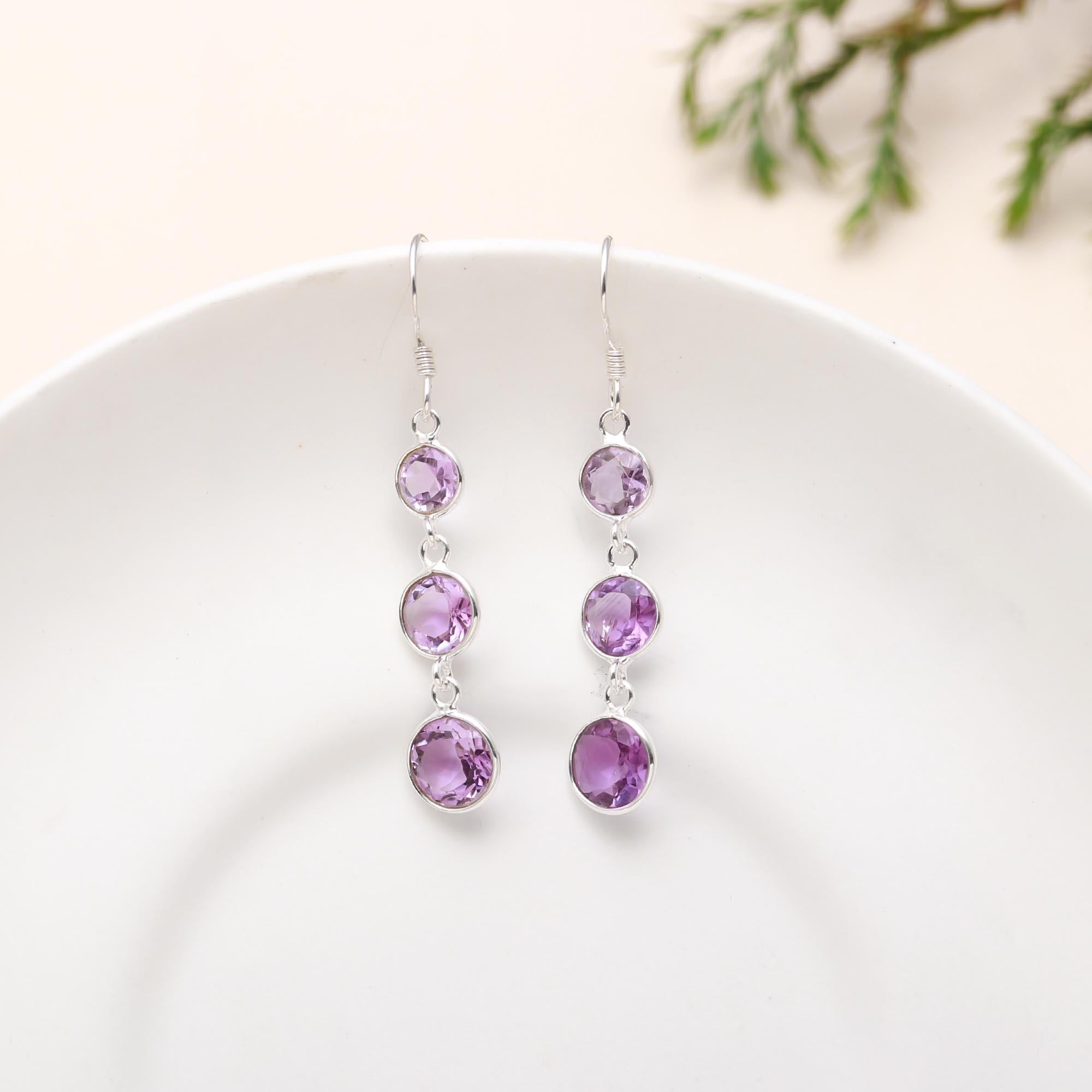 Solid 925 Silver Amethyst Dangle Earrings