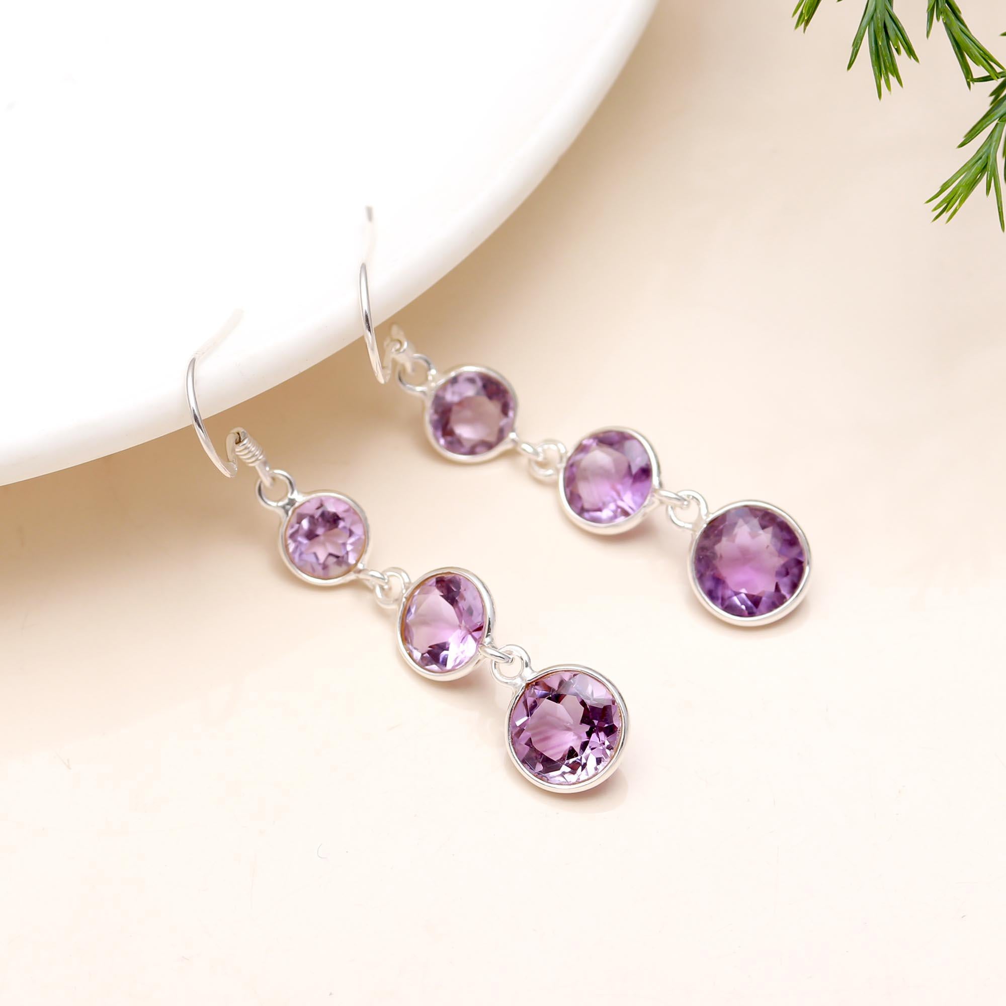 Solid 925 Silver Amethyst Dangle Earrings