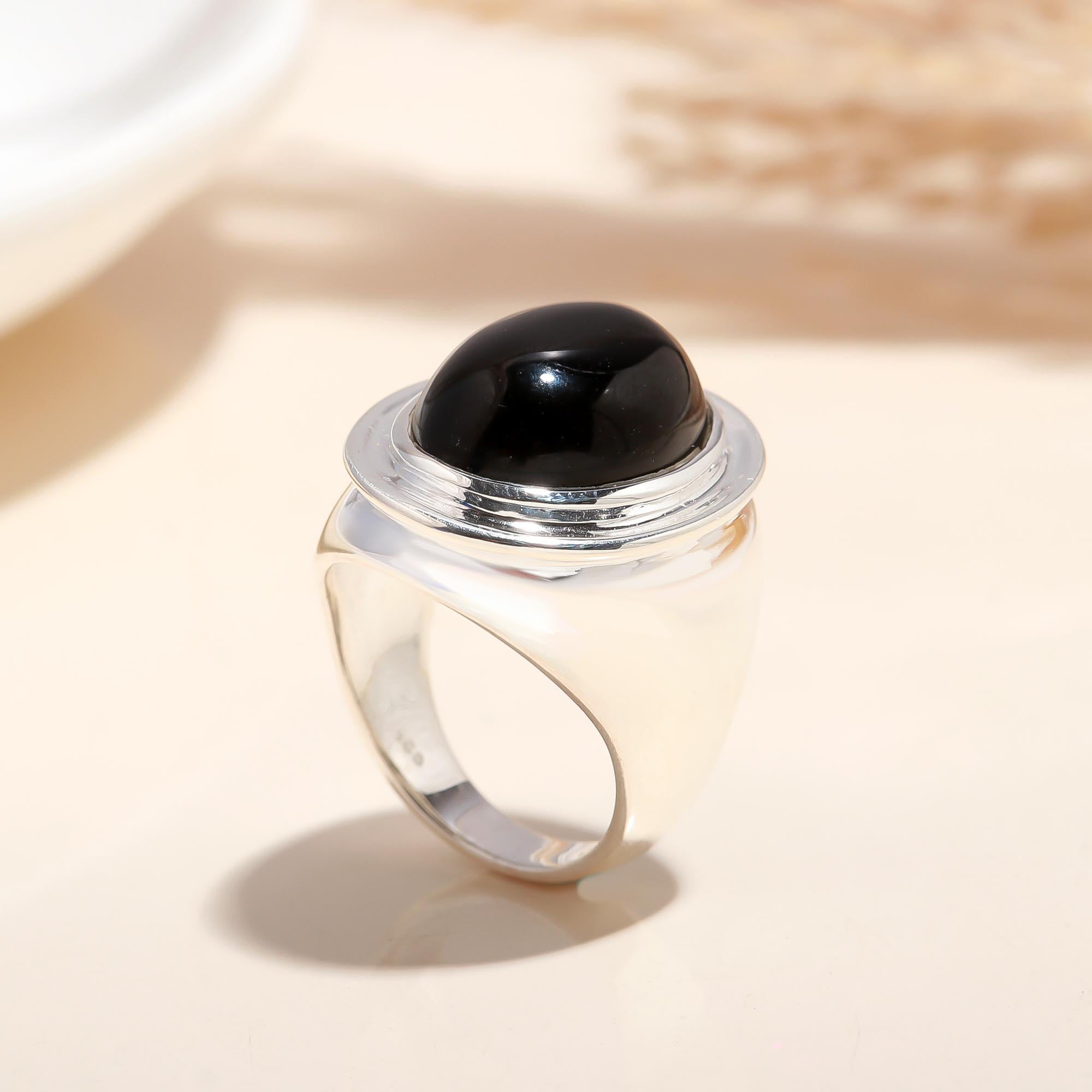 Solid 925 Silver Genuine Black Onyx Cabochon Ring