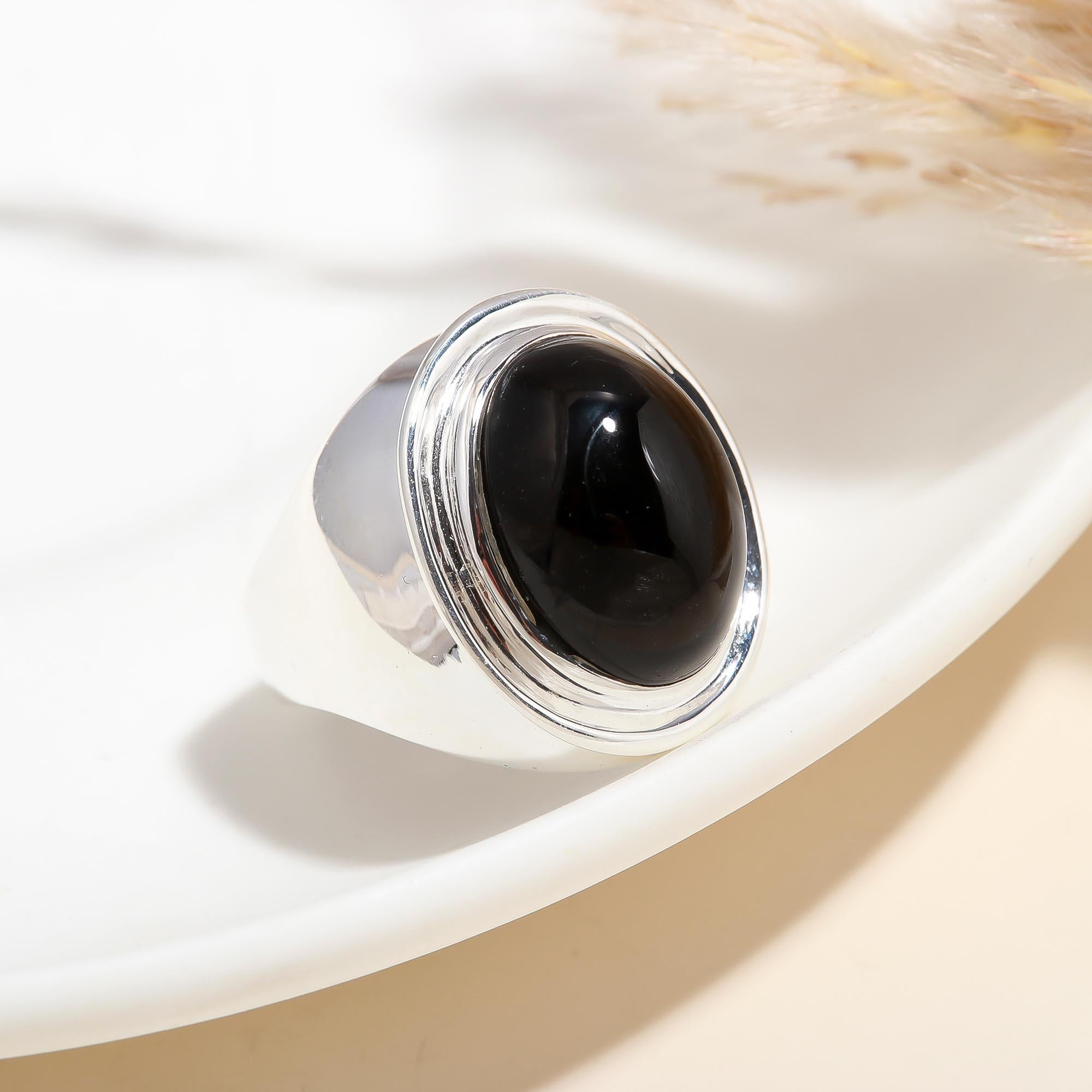Solid 925 Silver Genuine Black Onyx Cabochon Ring