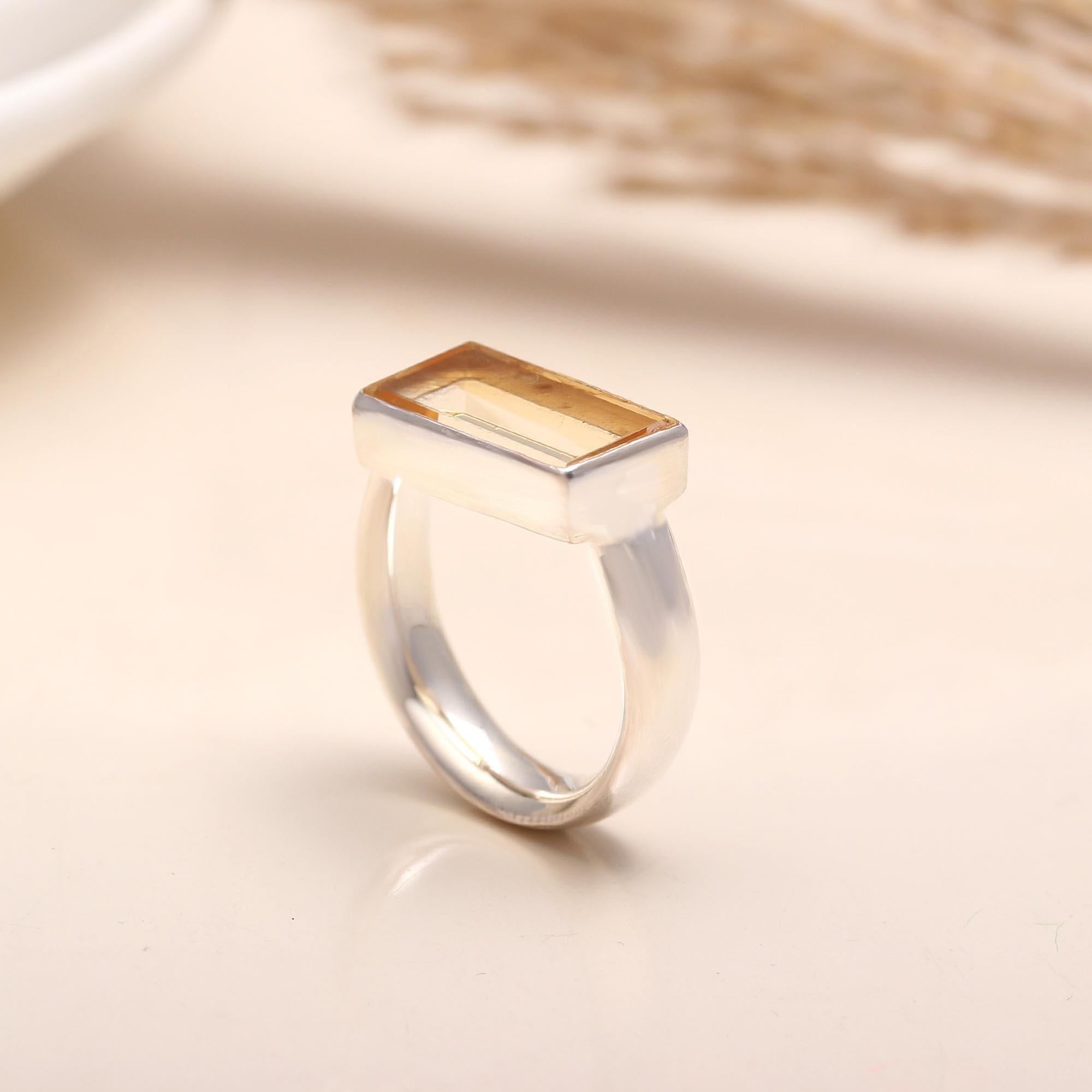925 Silver Baguette Cut Citrine Ring