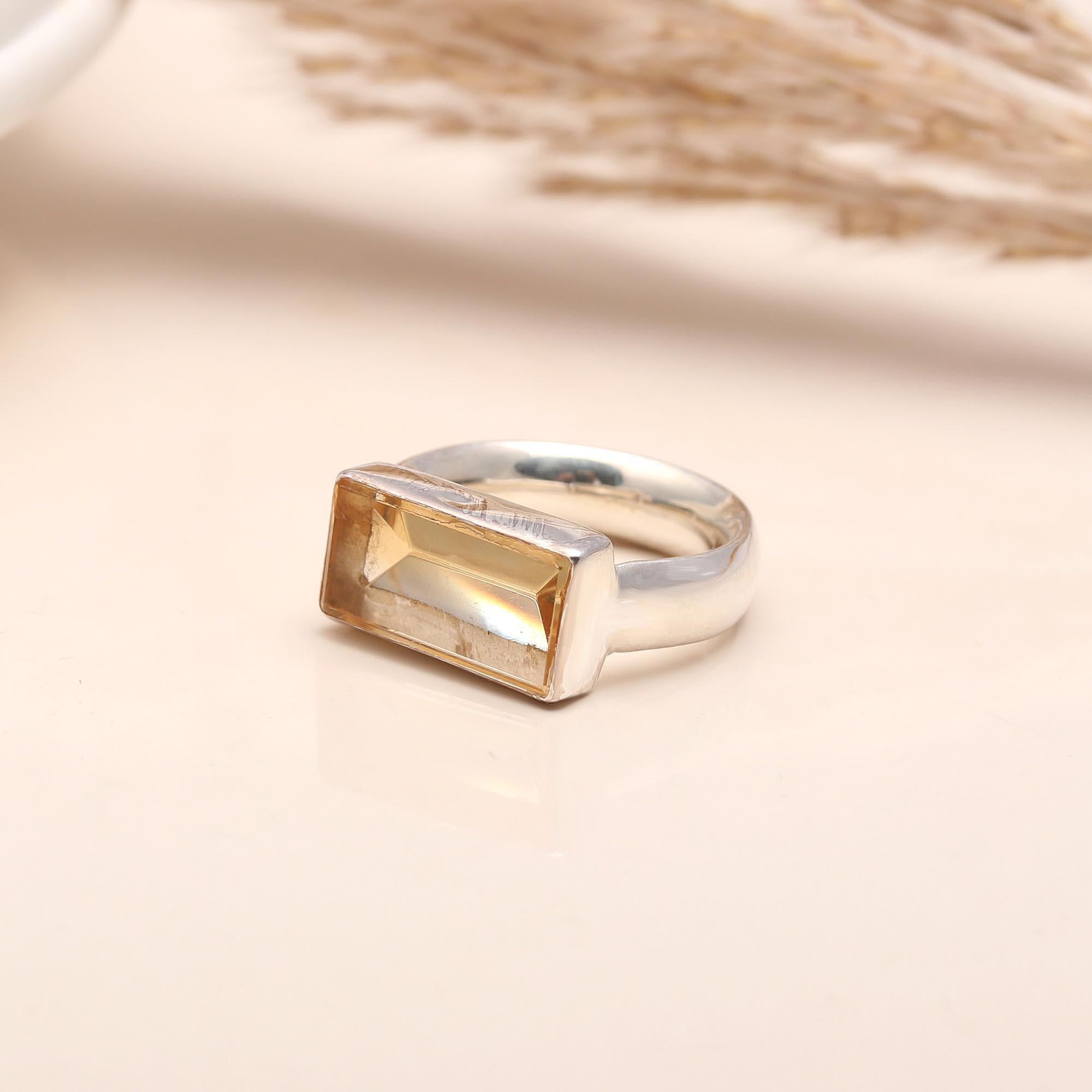 925 Silver Baguette Cut Citrine Ring