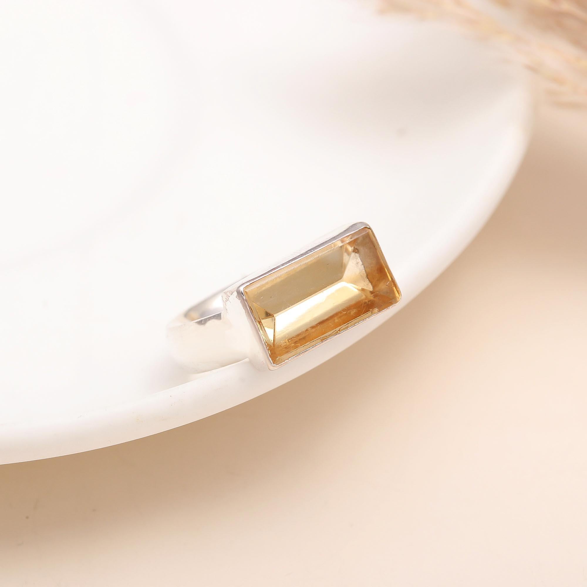 925 Silver Baguette Cut Citrine Ring